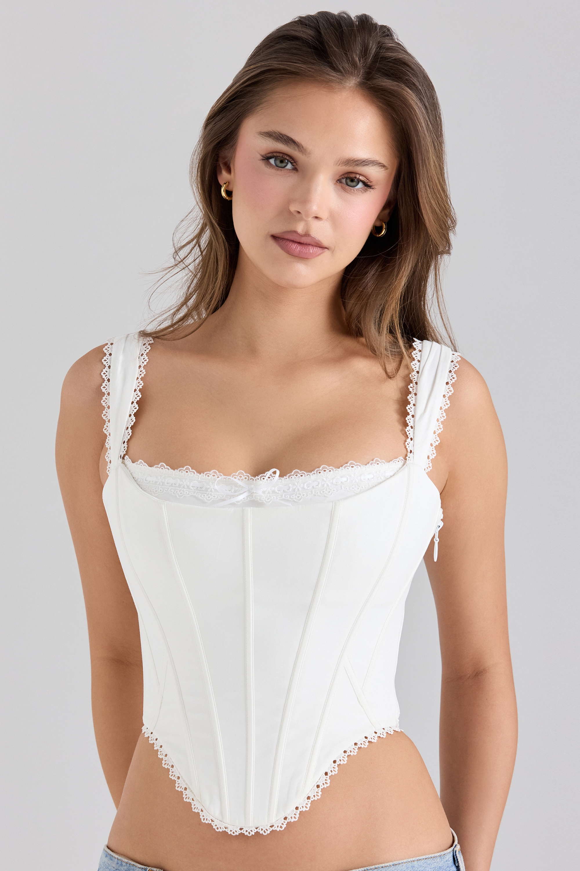 Adina-White Stretch Cotton Scallop Trim Corset Top
