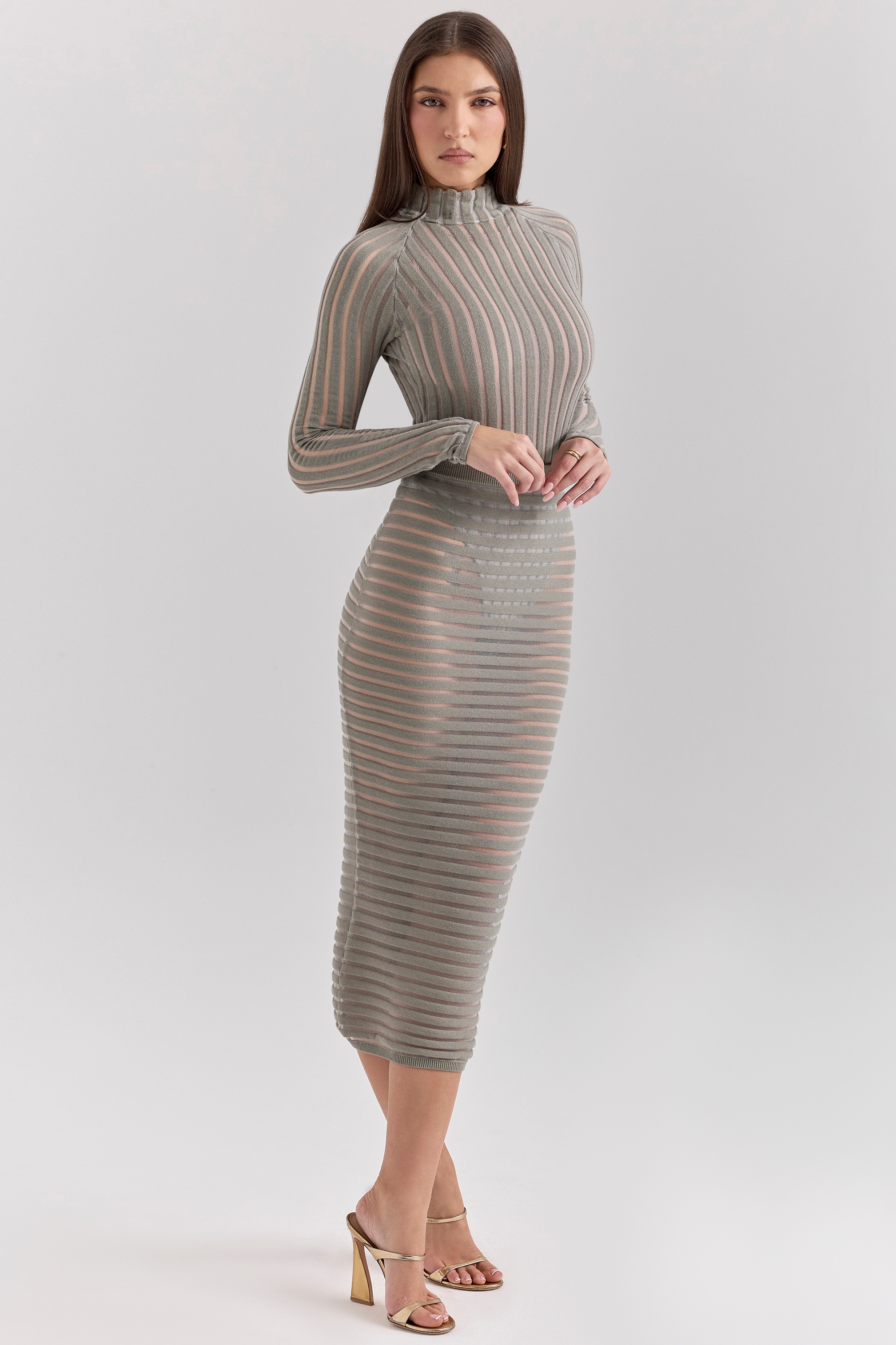 Margo-Grey Velour Sheer Striped Midi Skirt