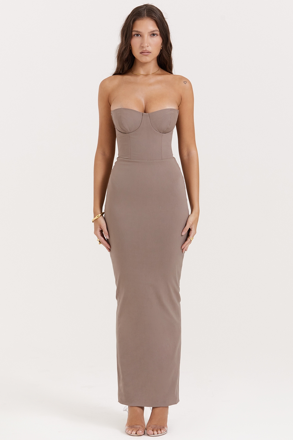 Lucia-Taupe Strapless Corset Maxi Dress