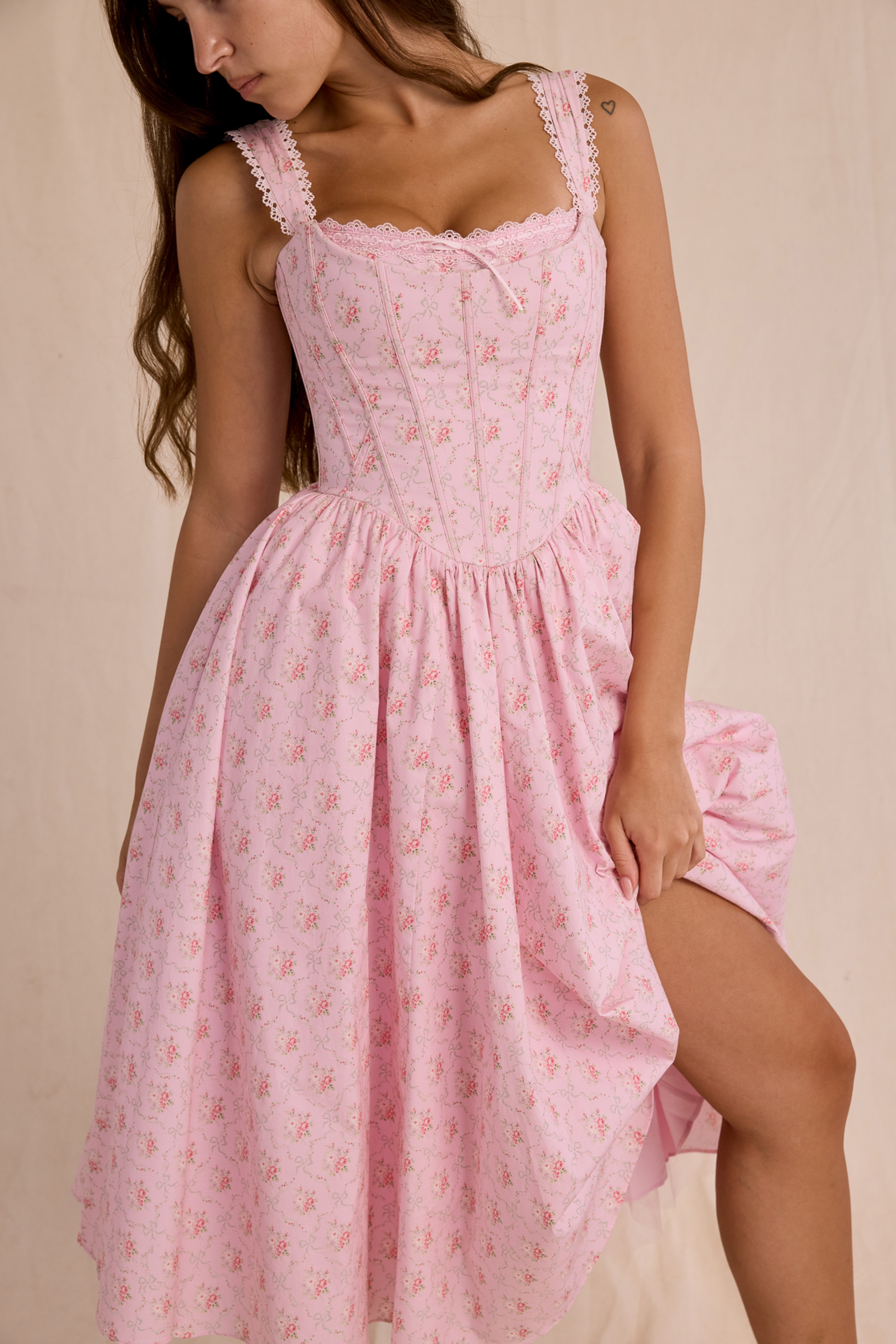 Amara-Pink Rose Print Stretch Cotton Corset Midi Dress