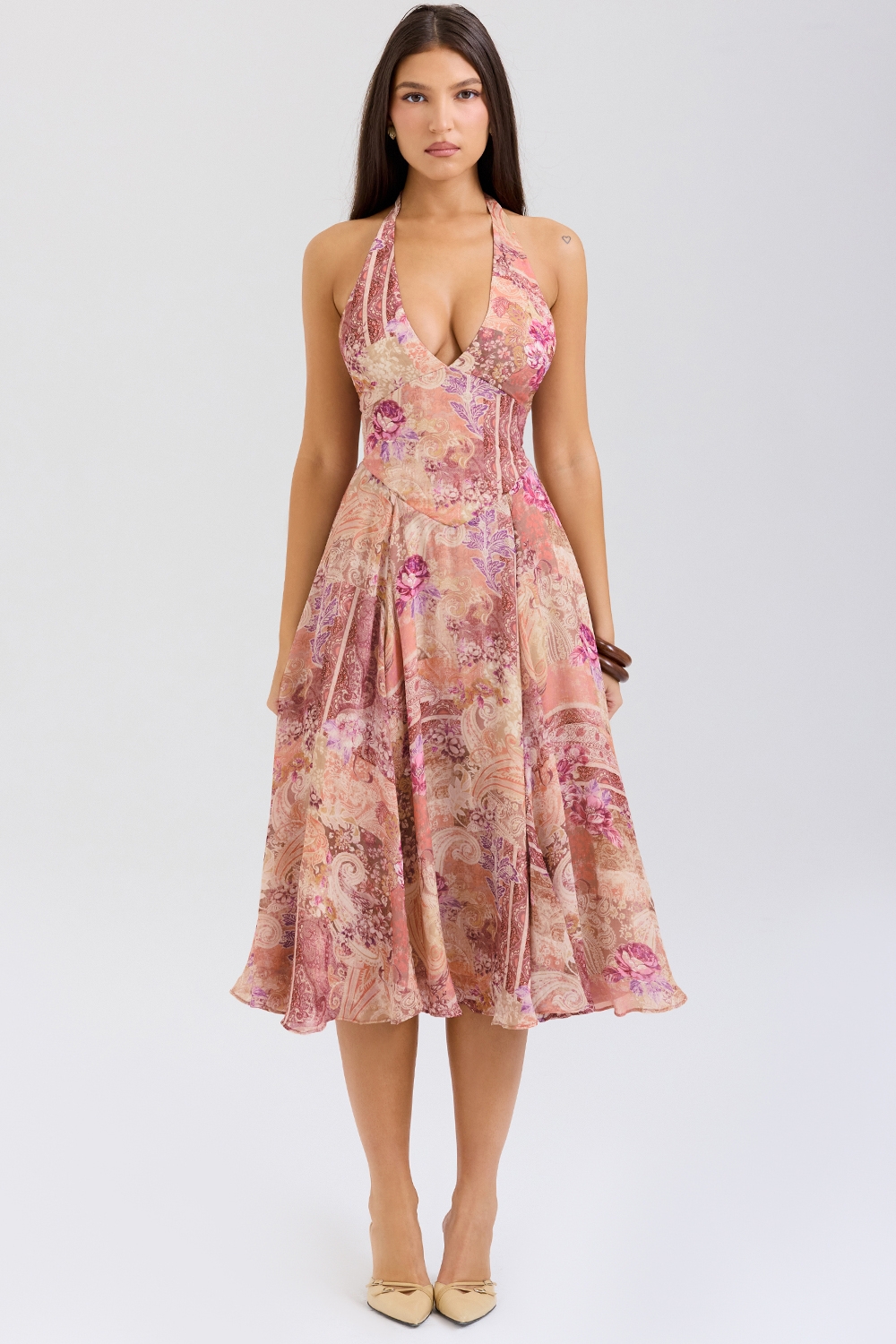 Solada-Paisley Patchwork Print Georgette Halter Sundress