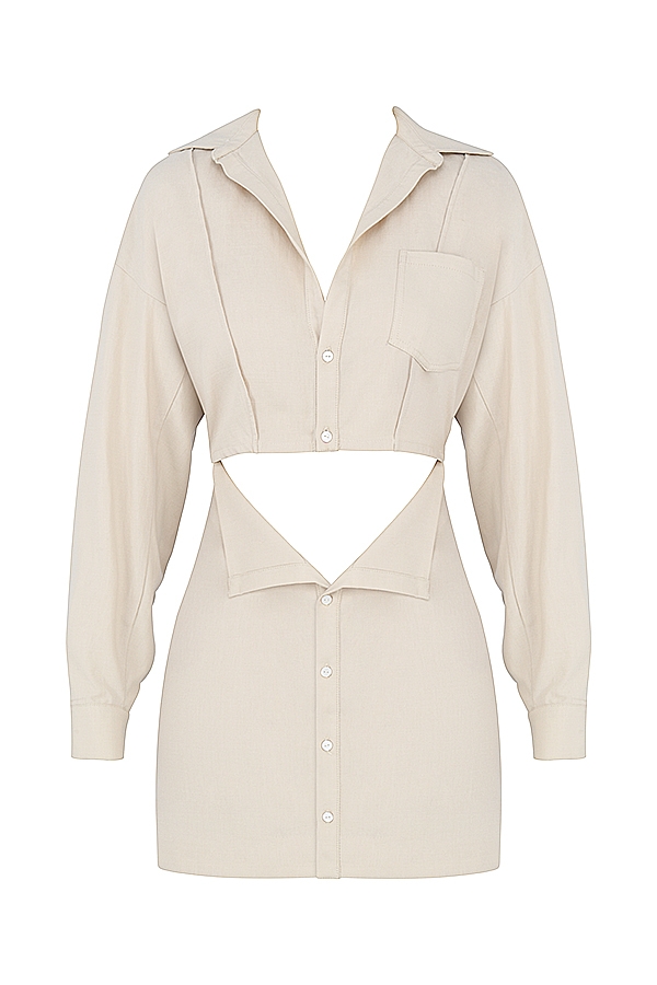 Julietta-Beige Linen Cutout Shirt Dress