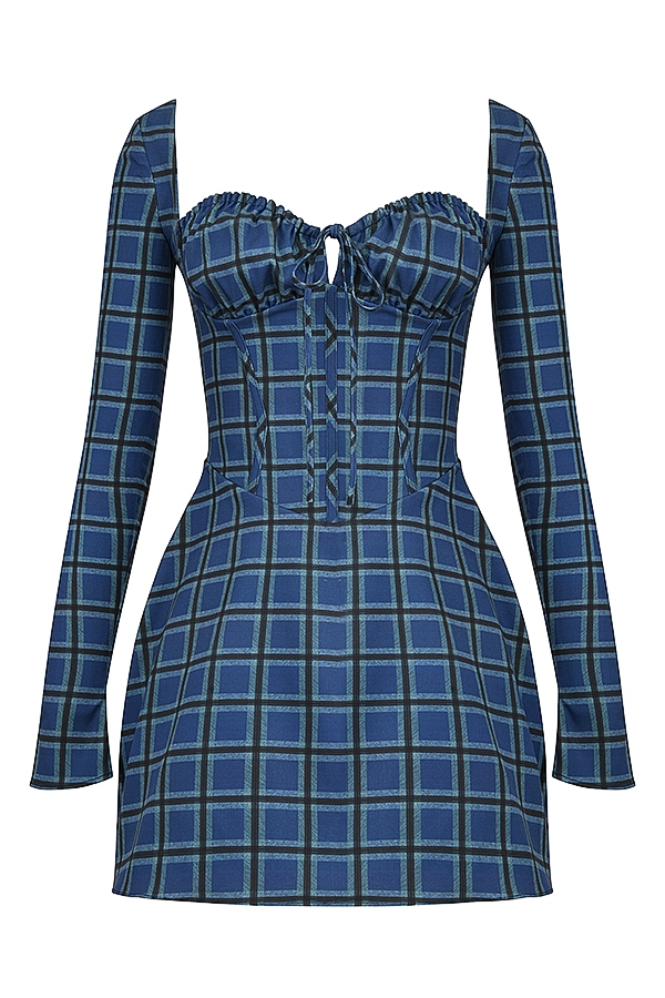 Malika-Blue Tartan Corset Mini Dress