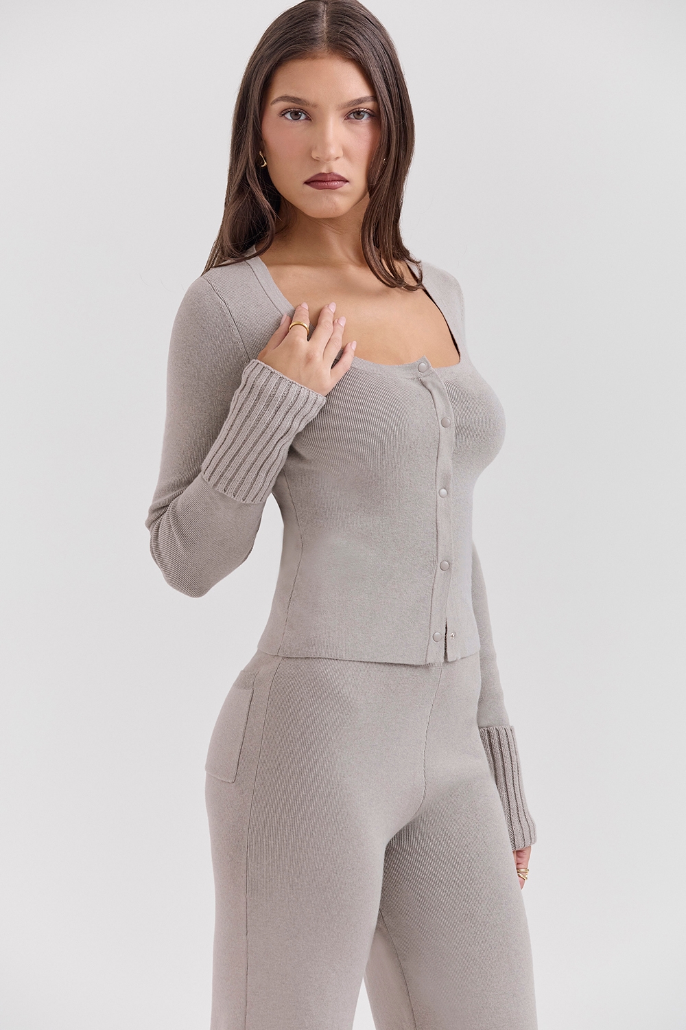 Aspen-Grey Cashmere Ribbed Cuff Cardigan