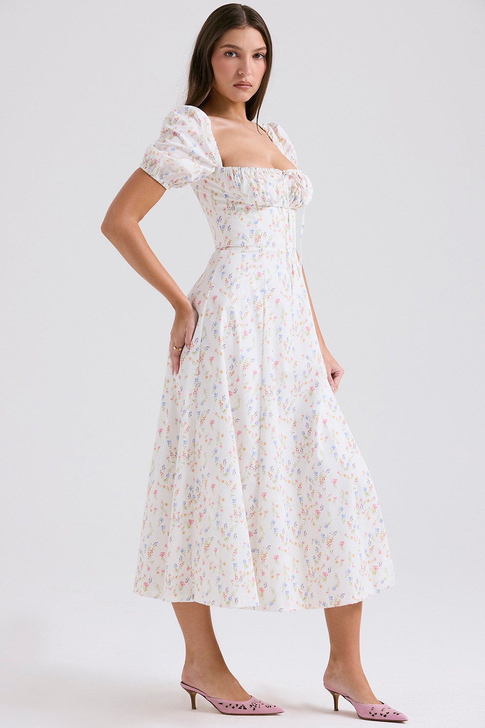 Tallulah-White Posy Print Cotton Puff Sleeve Midi Sundress
