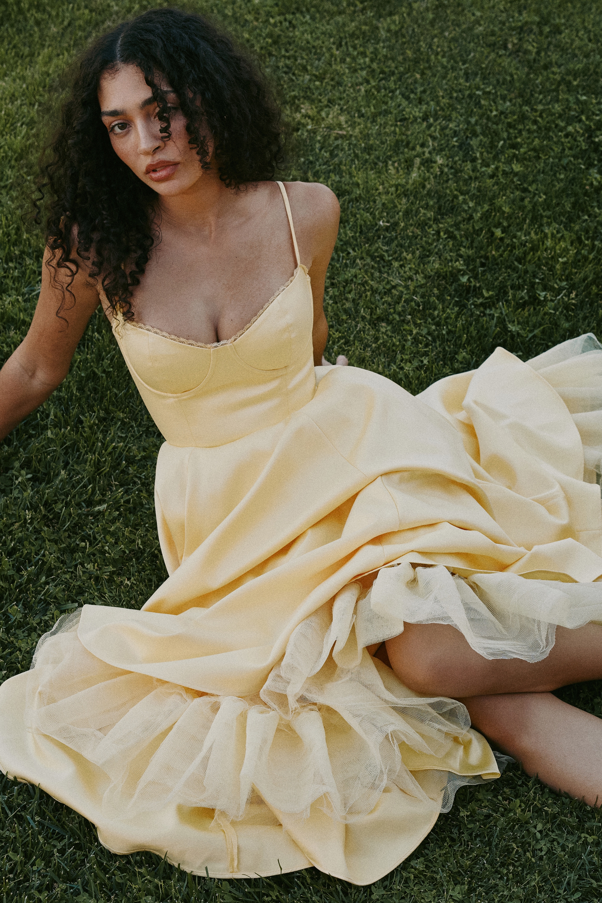 Mademoiselle-Sunshine Yellow Satin Tulle Midi Dress