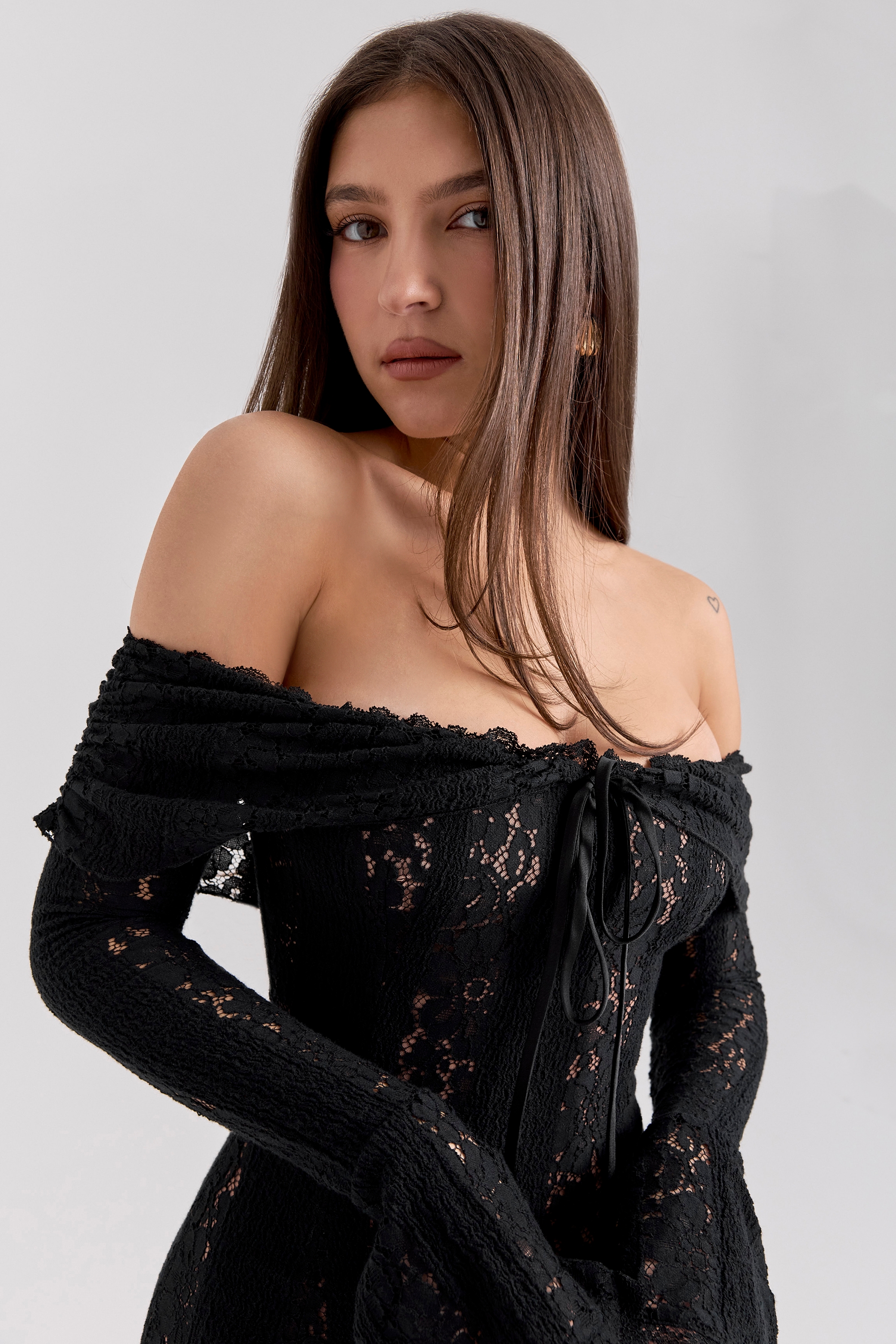 Sadie-Black Floral Lace Off Shoulder Mini Dress