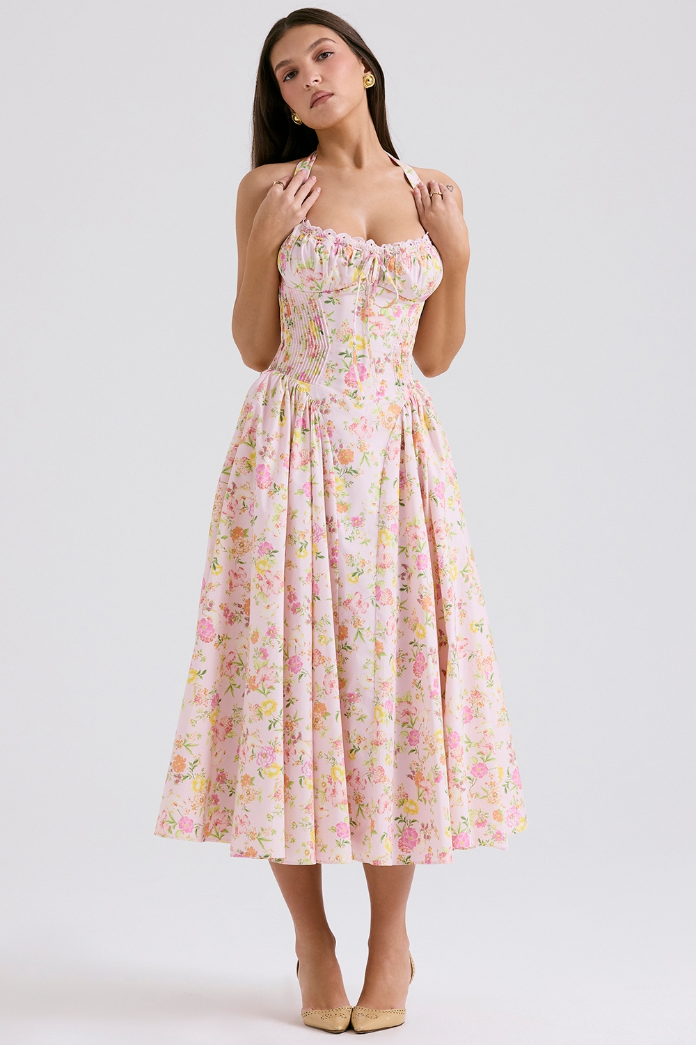 Adabella-Pink Meadow Print Cotton Halter Midi Sundress