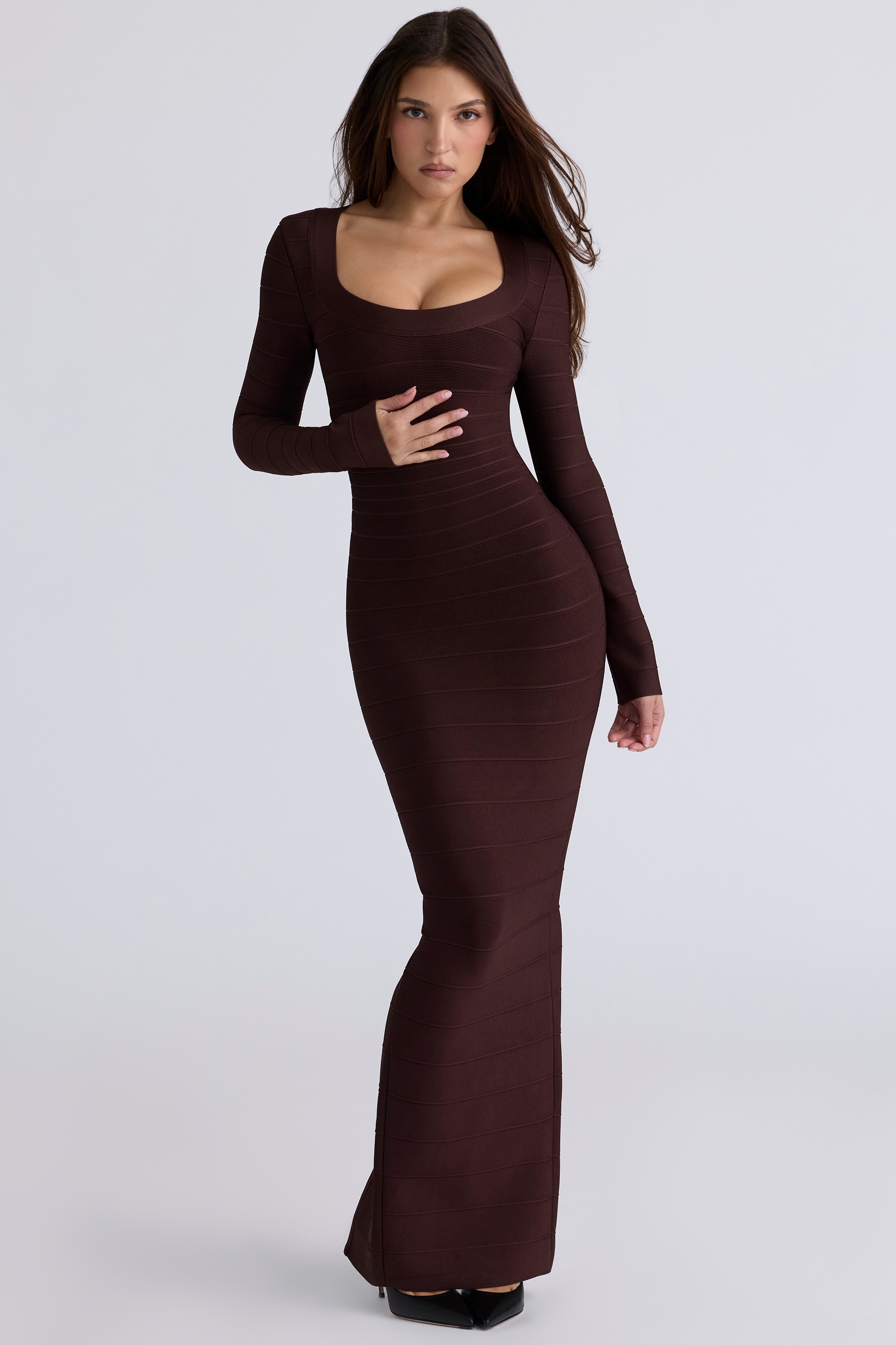 The OG-Chocolat Long Sleeve Stretch Bandage Maxi Dress