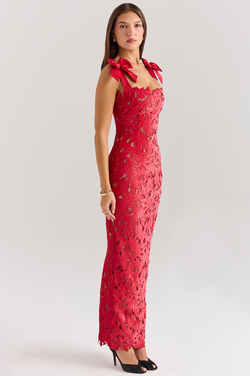 Tiff-Holly Red Velvet Lace Maxi Dress