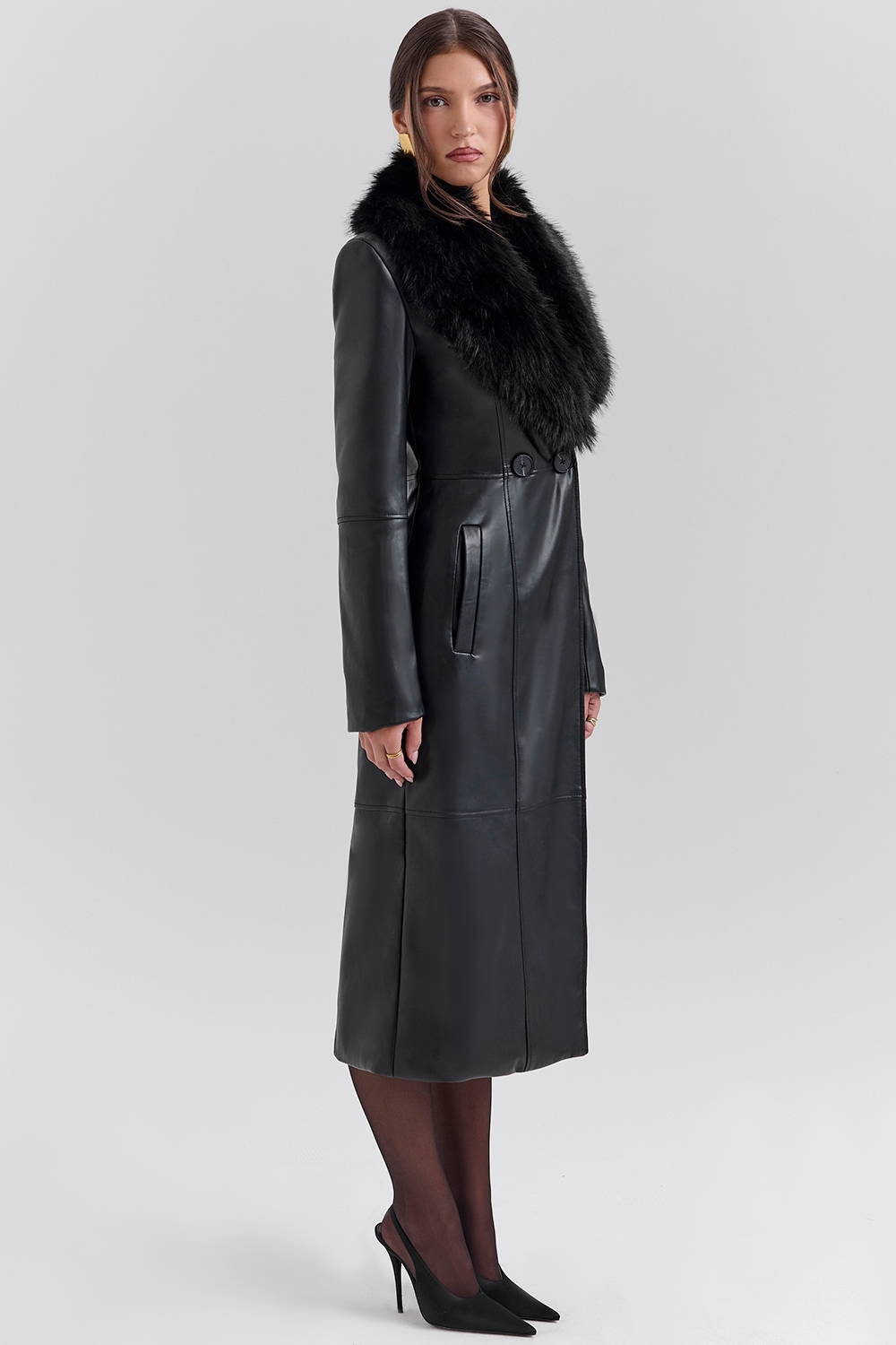 Marcel-Black Faux Fur Trimmed Vegan Leather Coat