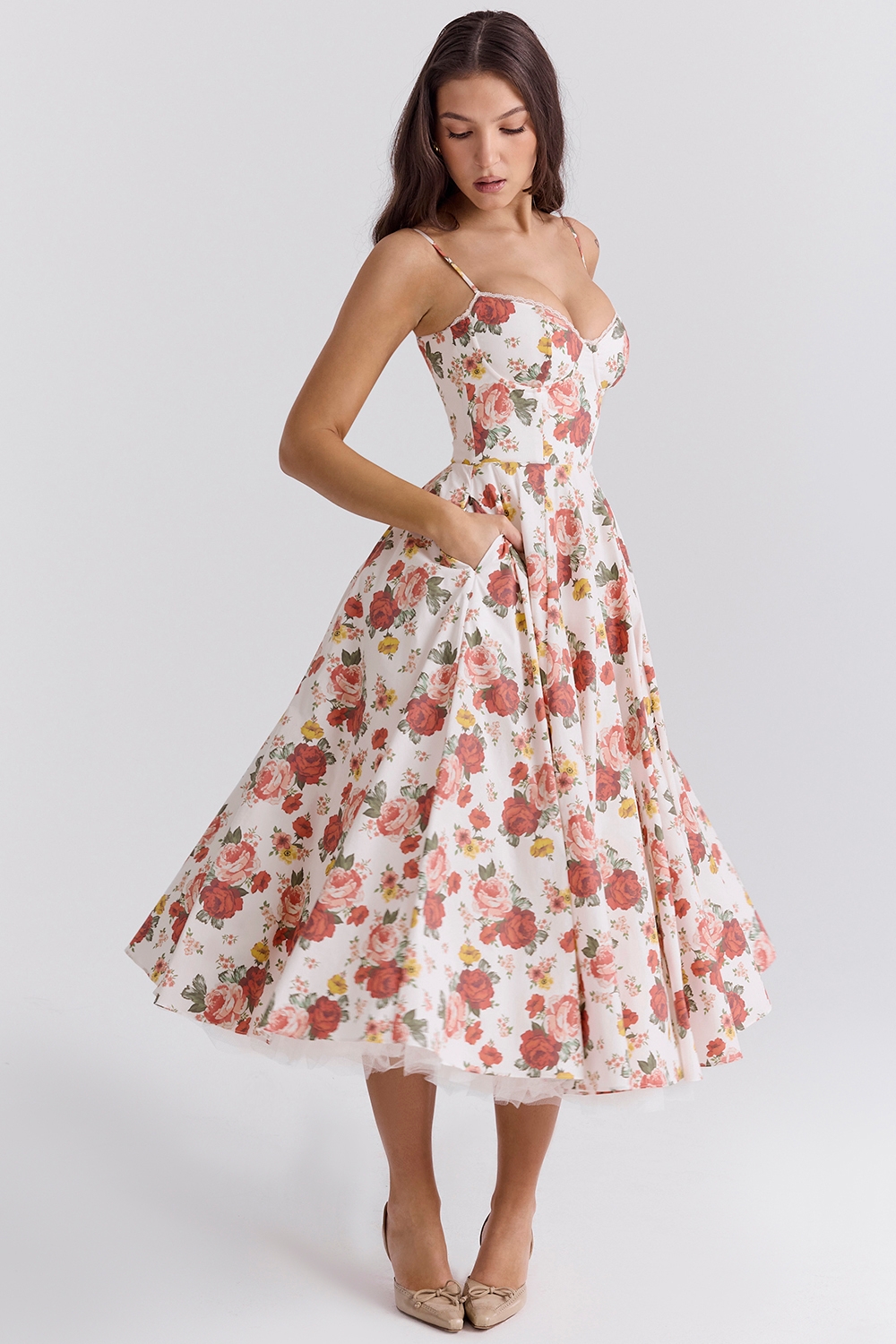Mademoiselle-Italian Rose Print Tulle Midi Dress