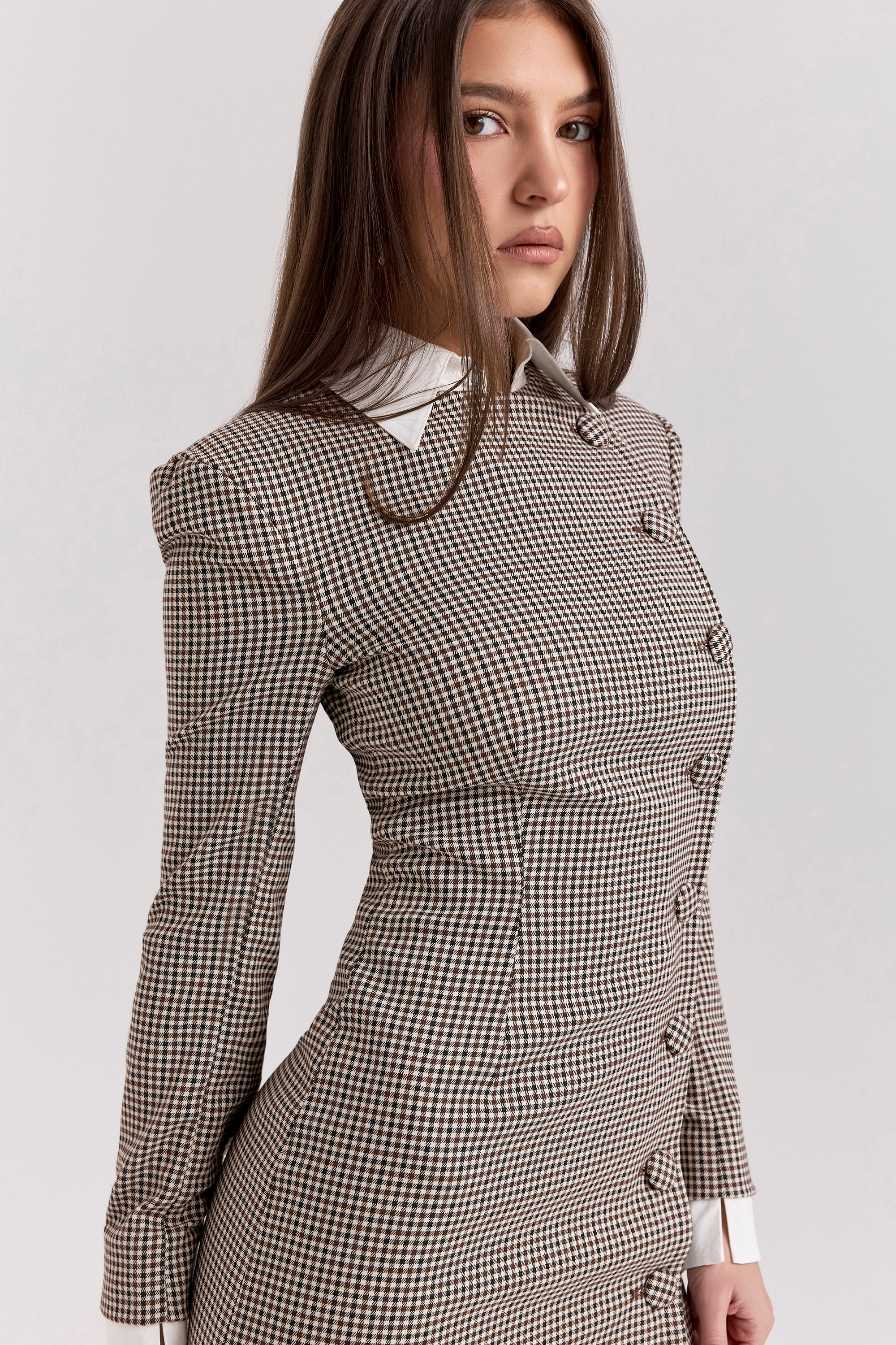 Leoni-Brown Puppytooth Check Bodycon Mini Dress