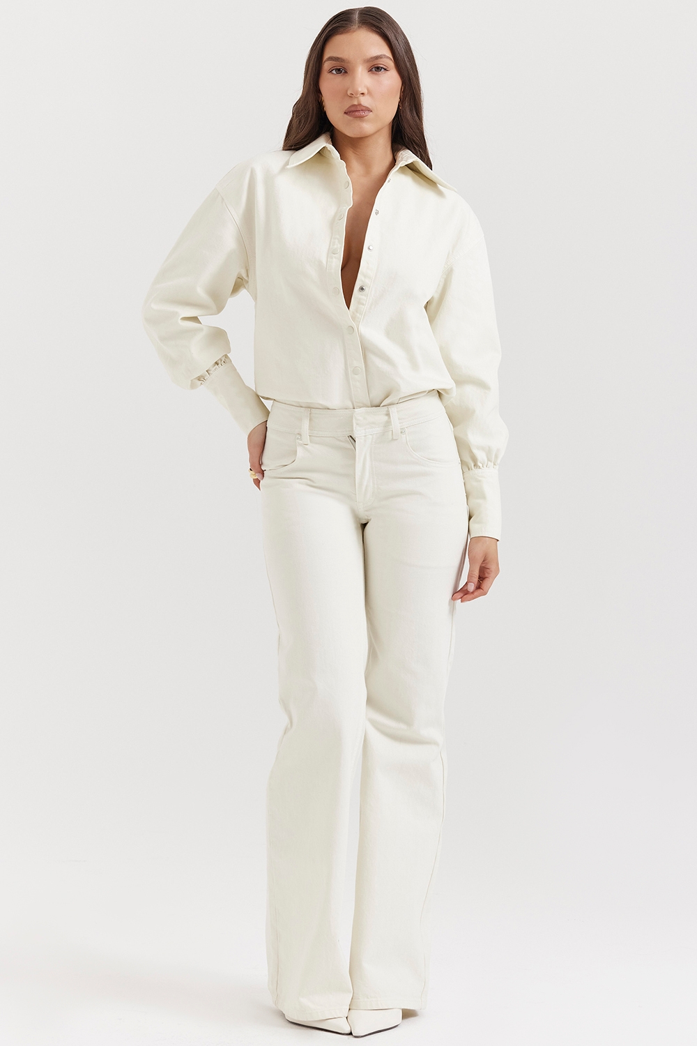 Marli-Ivory Wide Leg Flared Jeans