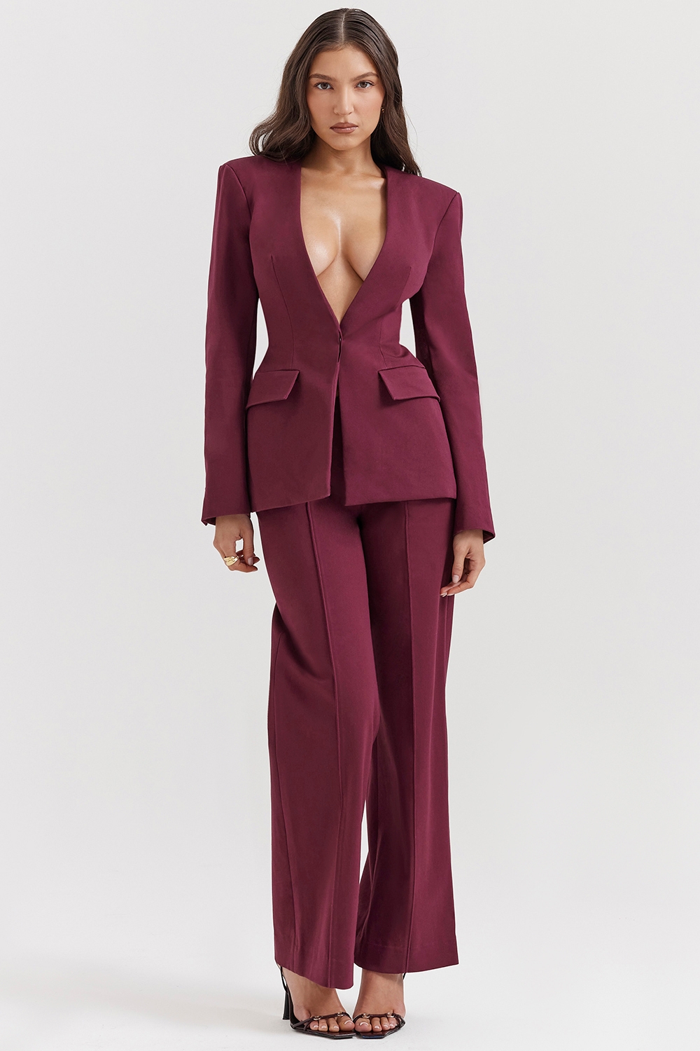 Theodora-Wine Deep V Blazer