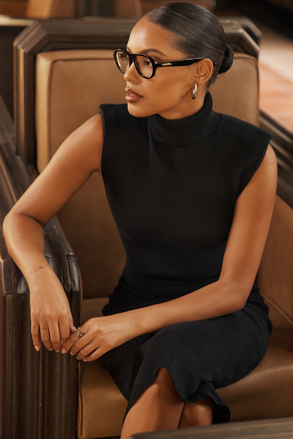 Gaia-Black Cashmere Blend Turtle Neck Midi Dress