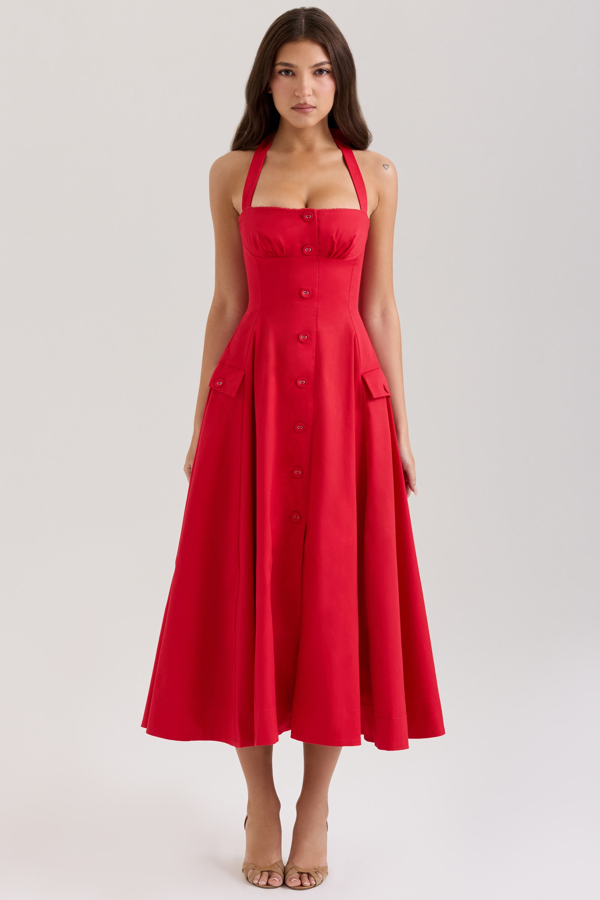 Claudia-Red Stretch Cotton Button Halter Neck Midi Dress