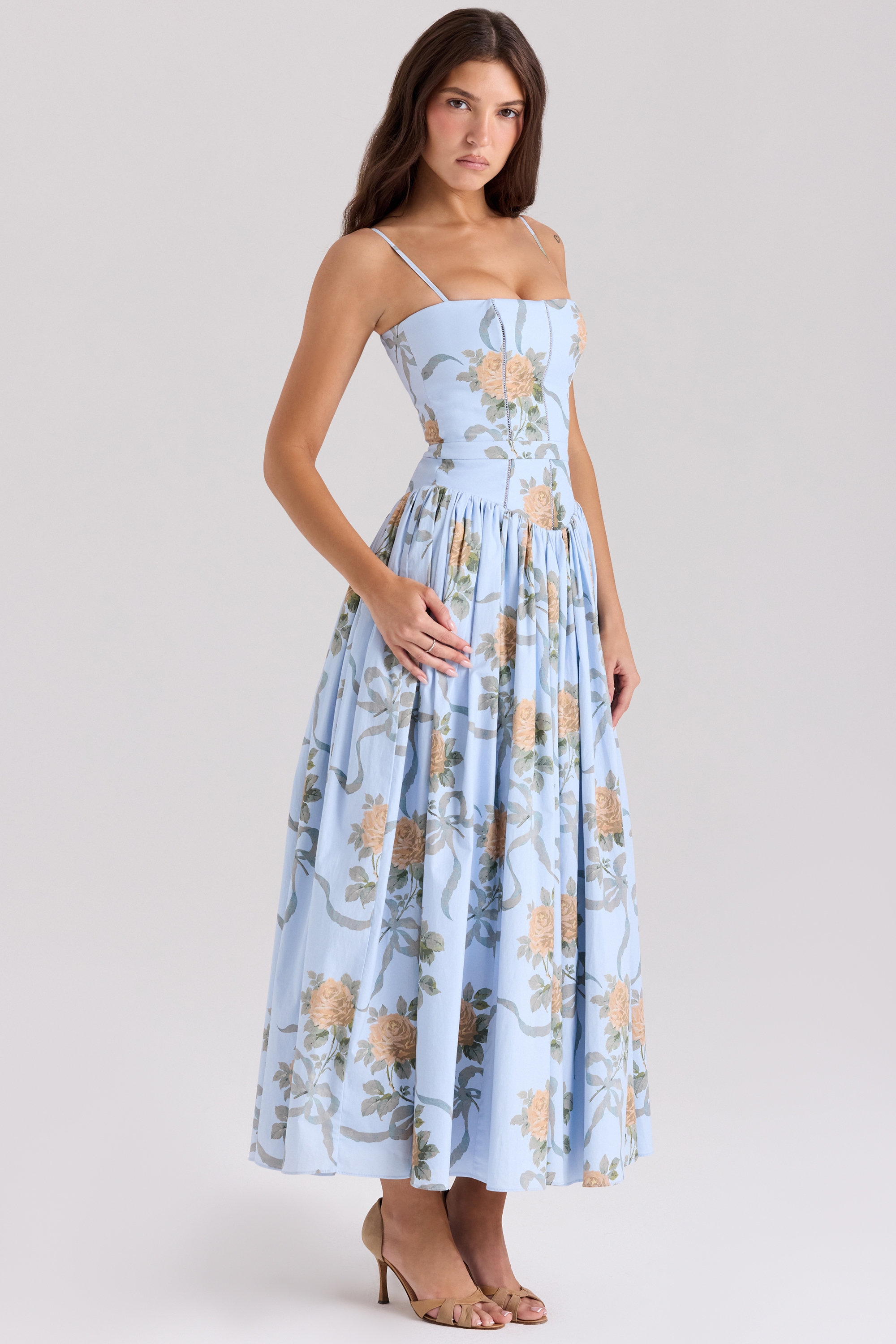 Ysabella-Blue Vintage Rose Print Cotton Midi Sundress