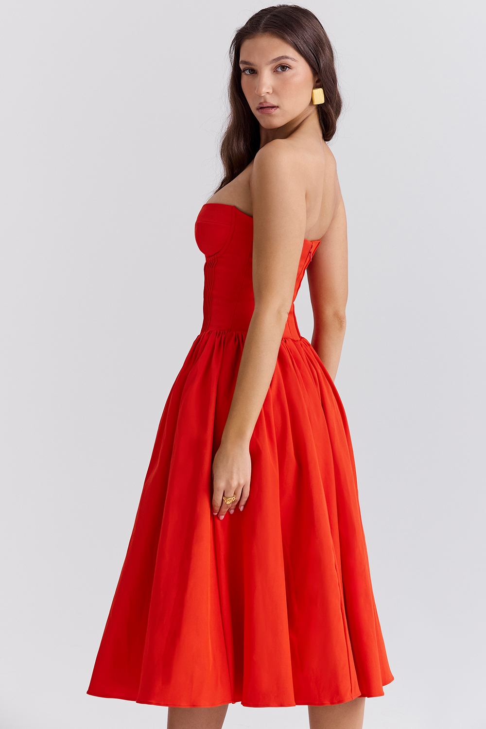 Elizabeth-Italian Tomato Strapless Midi Sundress