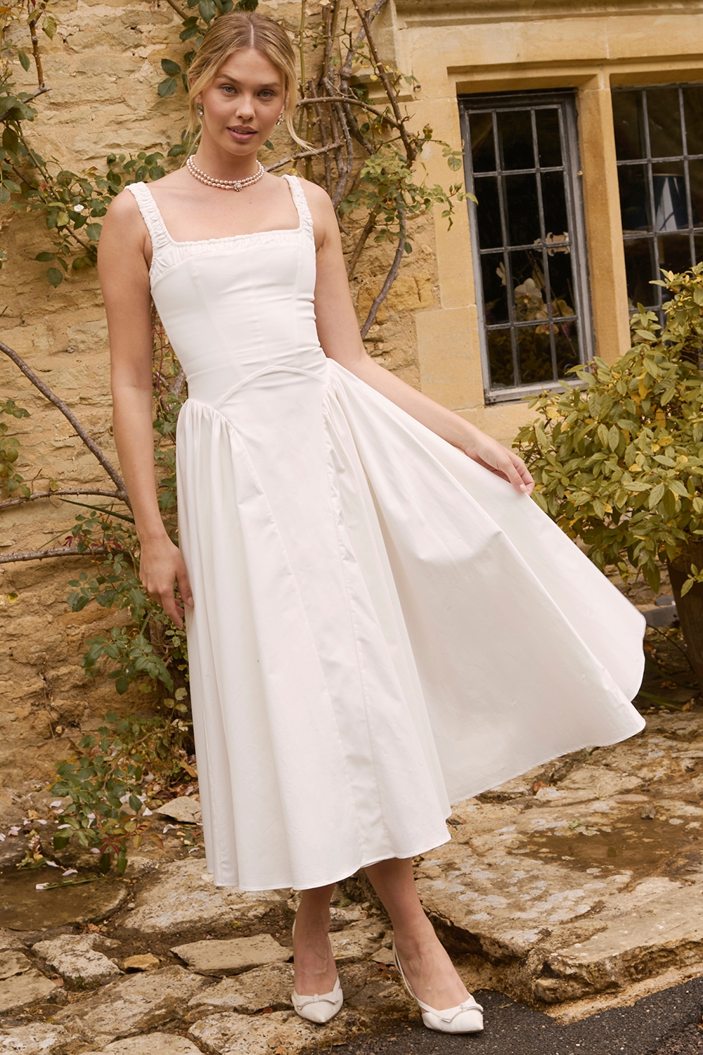 Dorothy-White Cotton Midi Sundress