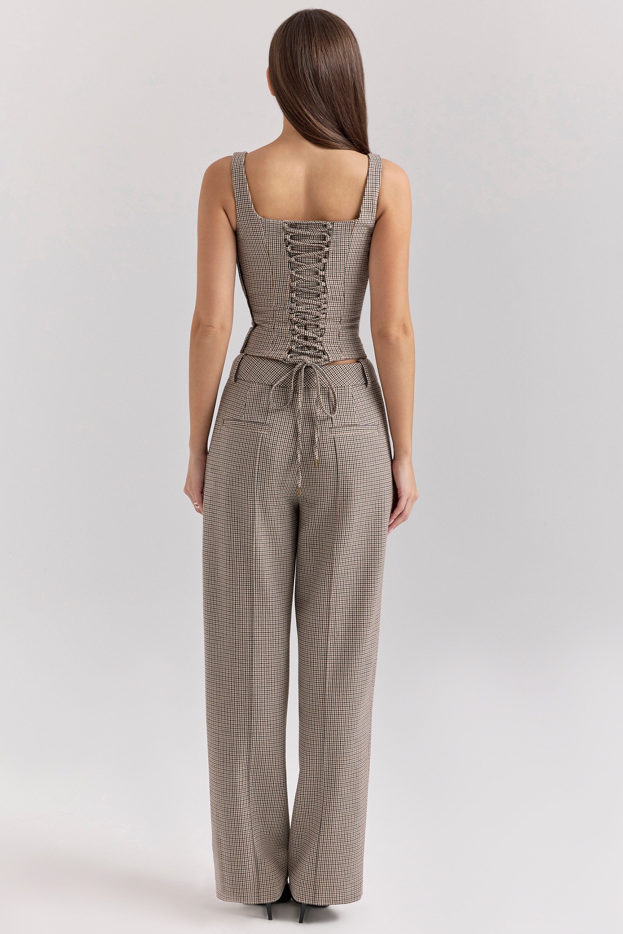 Hayden-Brown Puppytooth Wide Leg High Waist Tailored Trousers