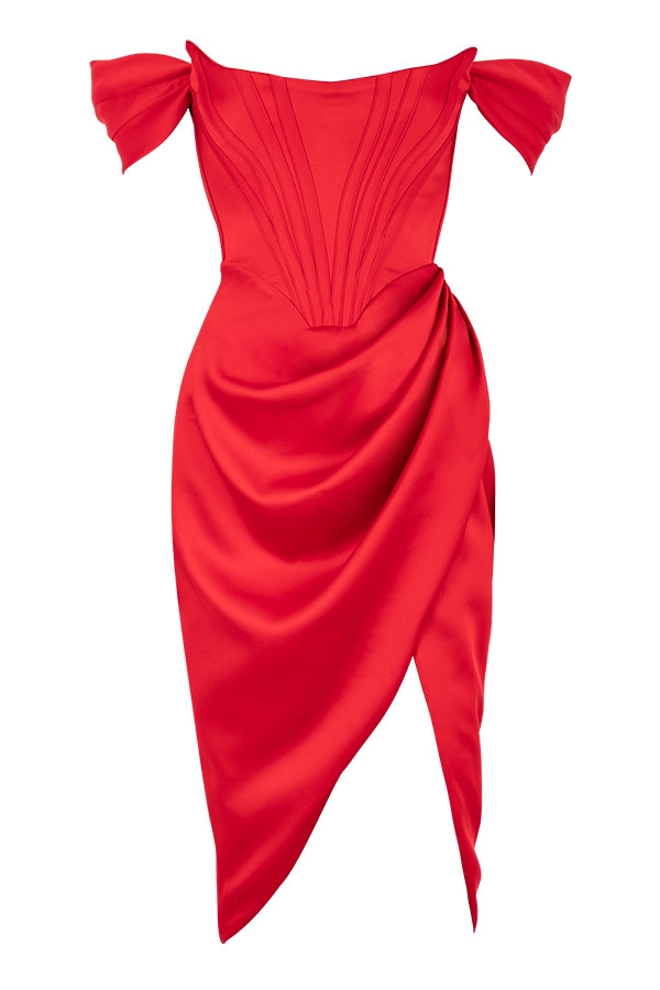Loretta-Red Satin Off Shoulder Dress