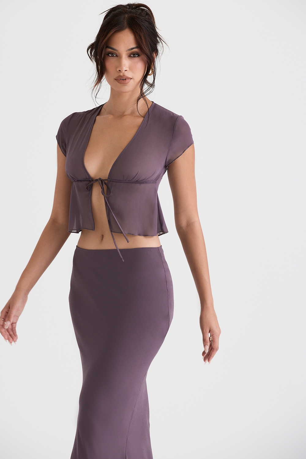 Maia-Dark Mauve Tie Front Top