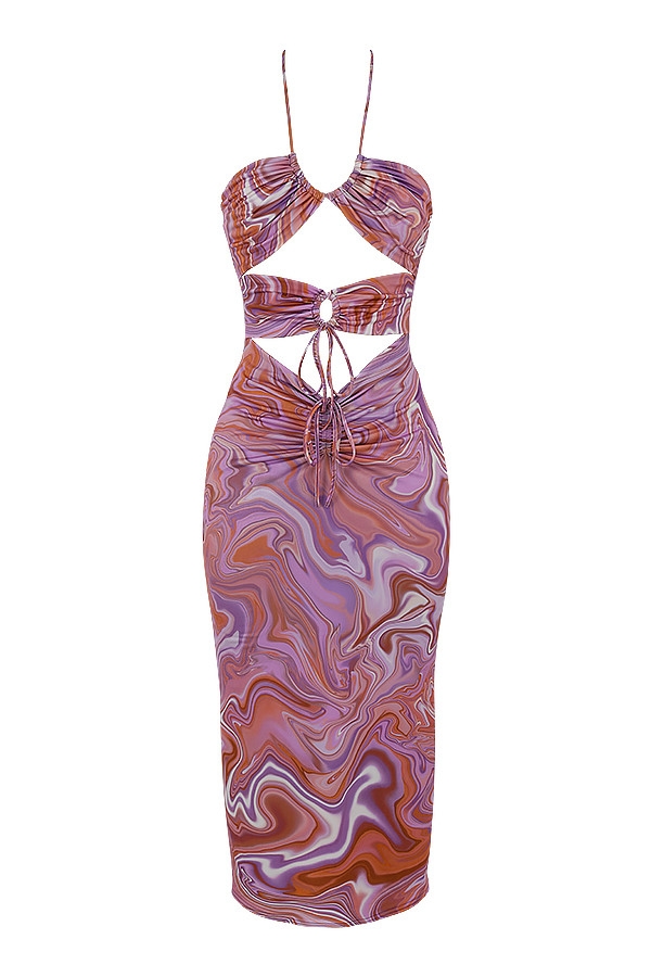 Kasia-Purple Swirl Cutout Midi Dress