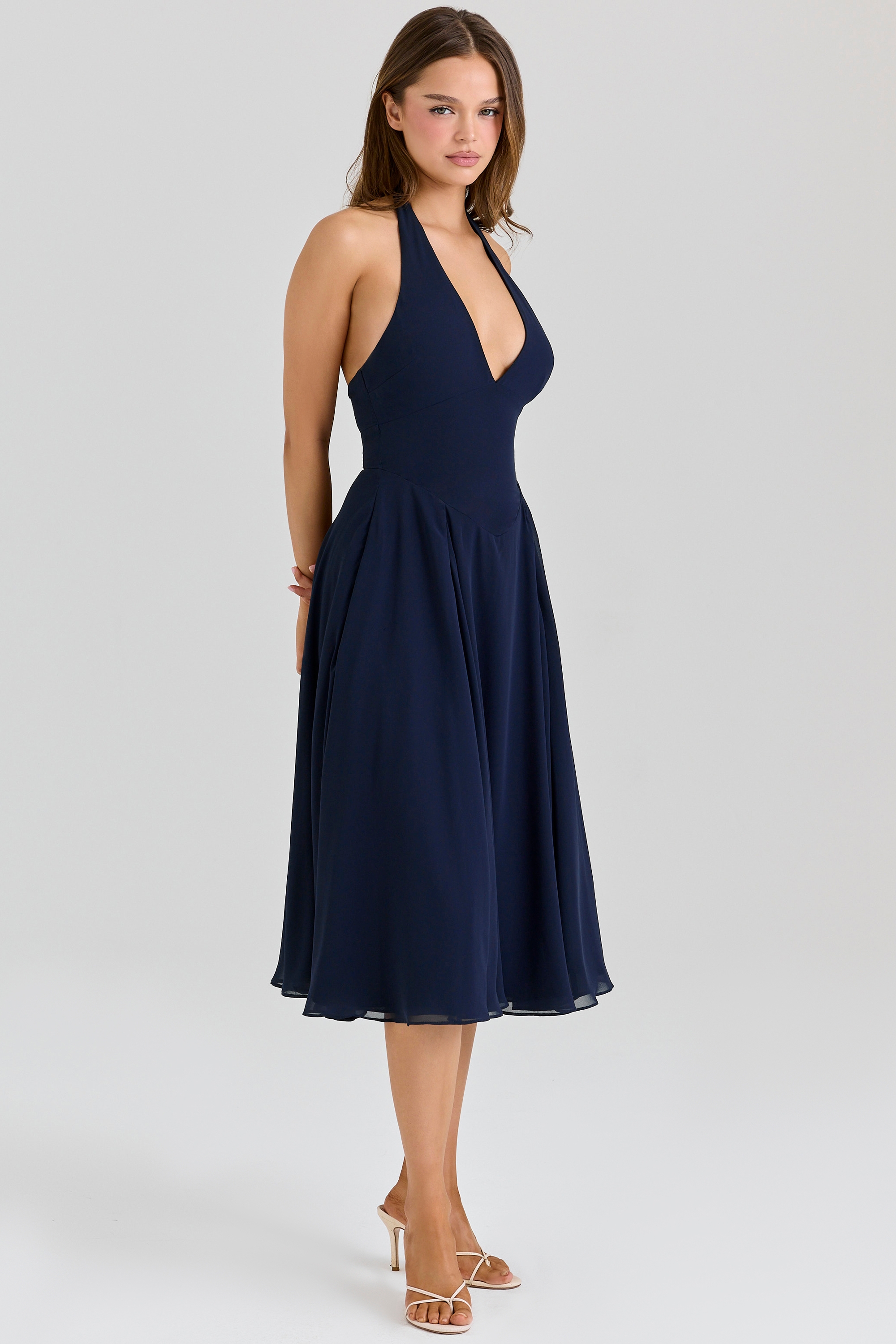 Solada-Navy Georgette Halter Midi Dress