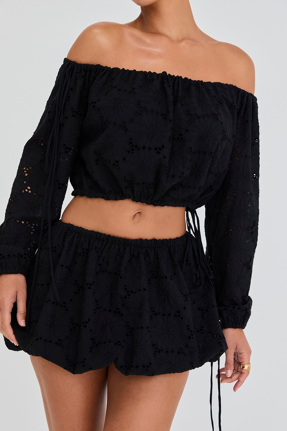 Mistress Rocks Black Broderie Cotton Off Shoulder Top - SALE
