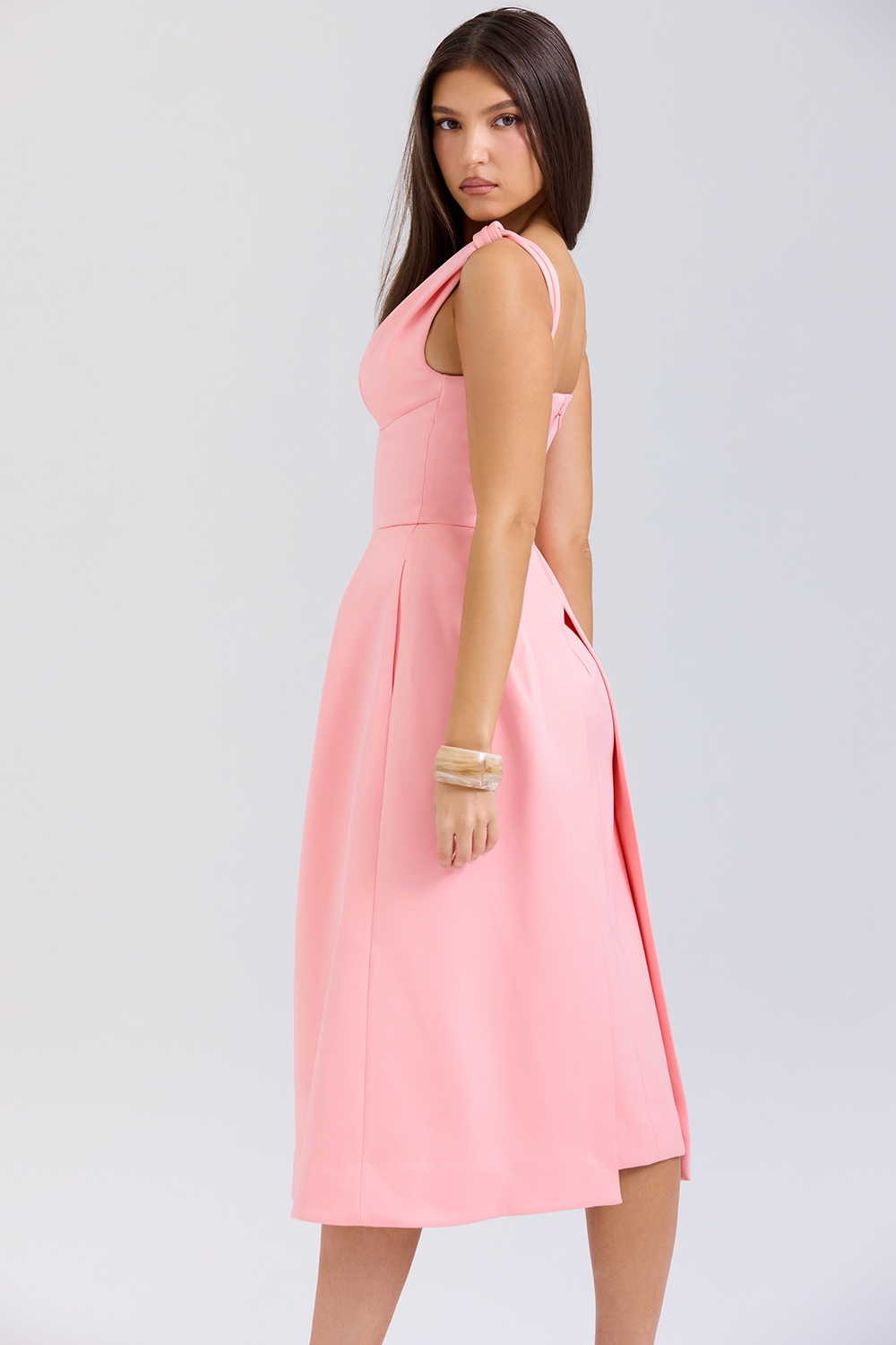 Paloma-Peach Satin Pleated Midi Dress - SALE