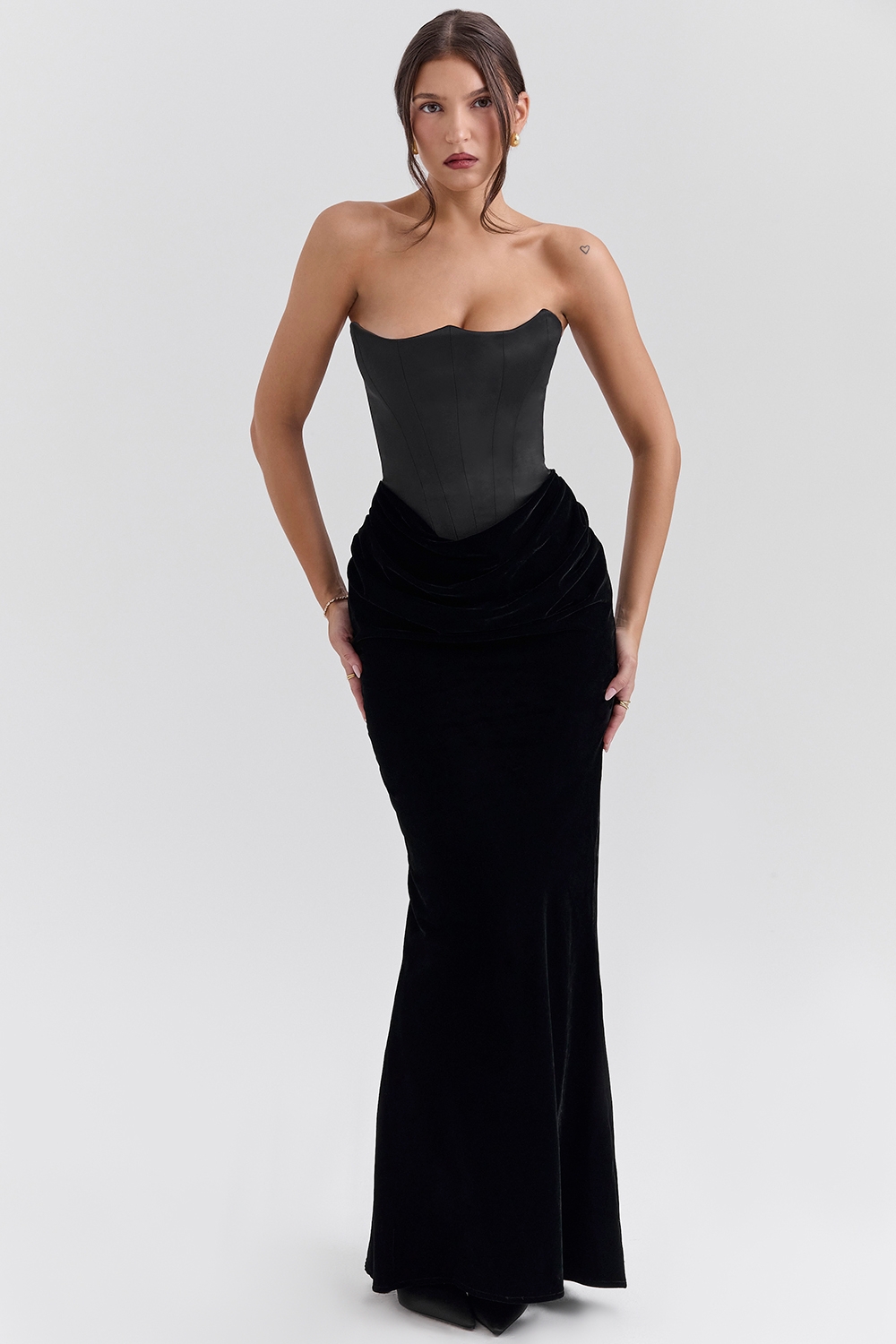Persephone-Black Velvet Strapless Corset Maxi Dress
