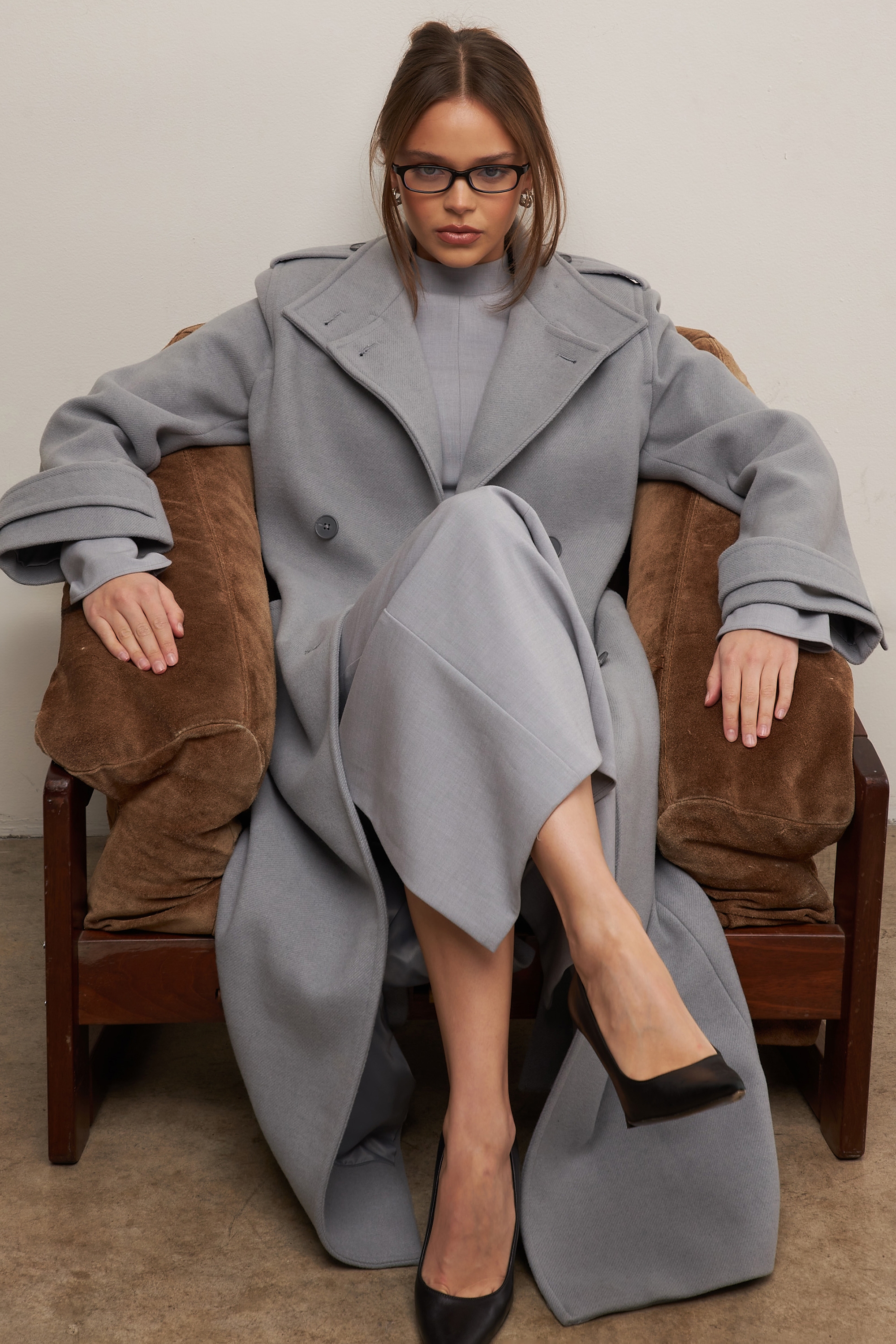 Sander-Grey Double Breasted Funnel Neck Coat