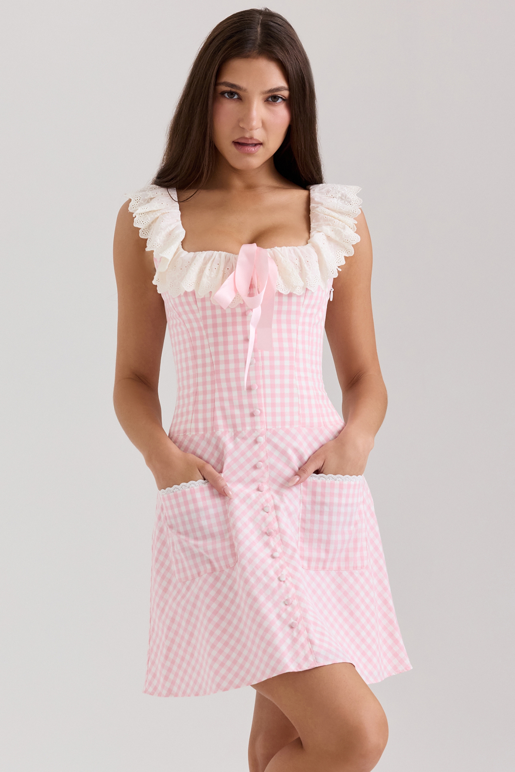 Astra-Pink Gingham Cotton Ruffle Neck Mini Dress
