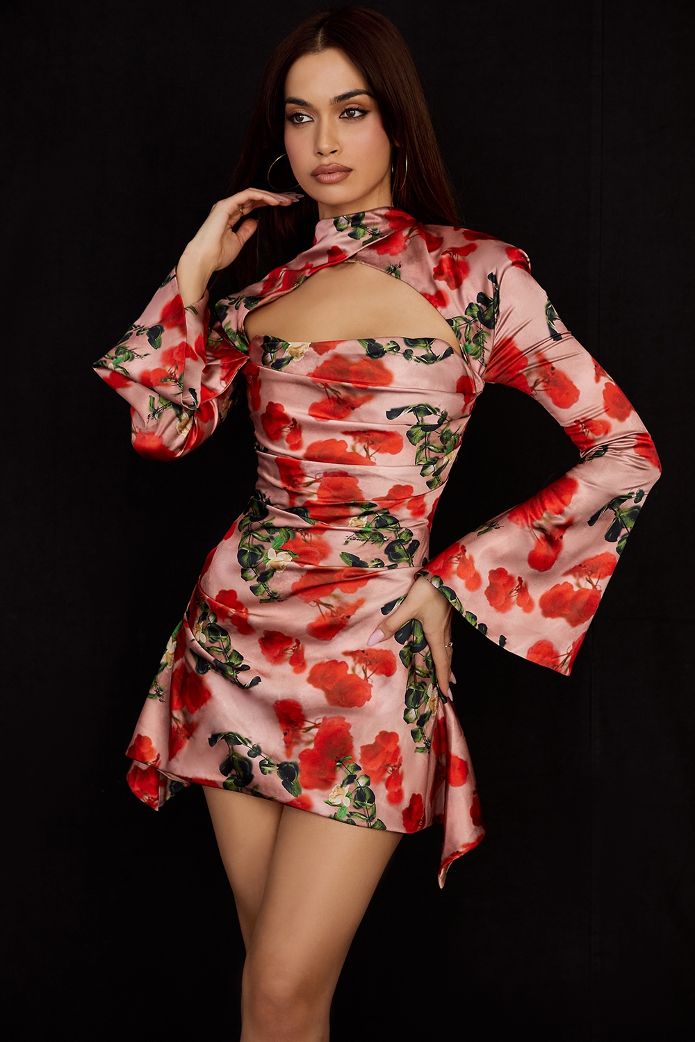 Toira-Rose Print Draped Corset Dress