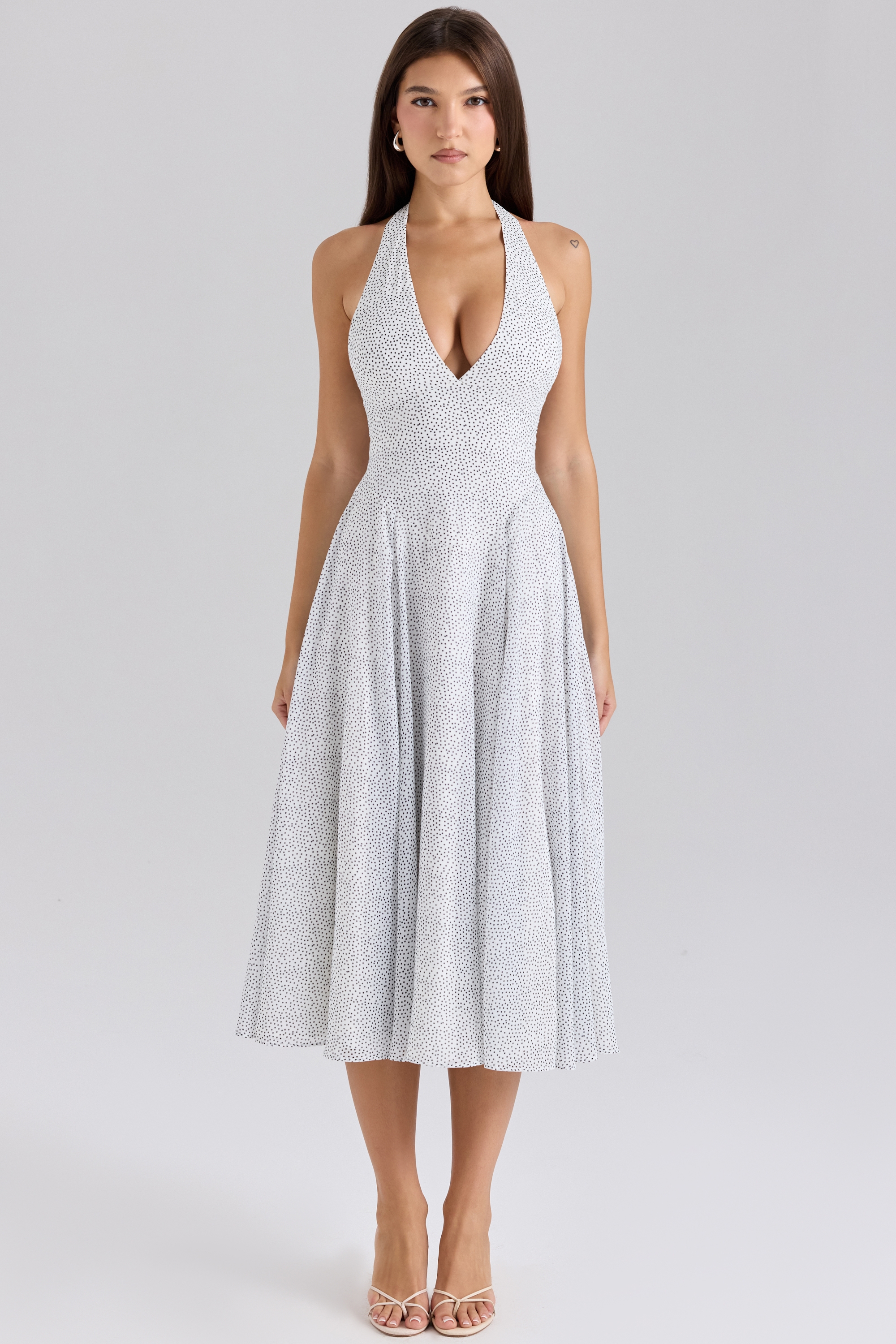 Solada-Polka Dot Print Georgette Halter Sundress