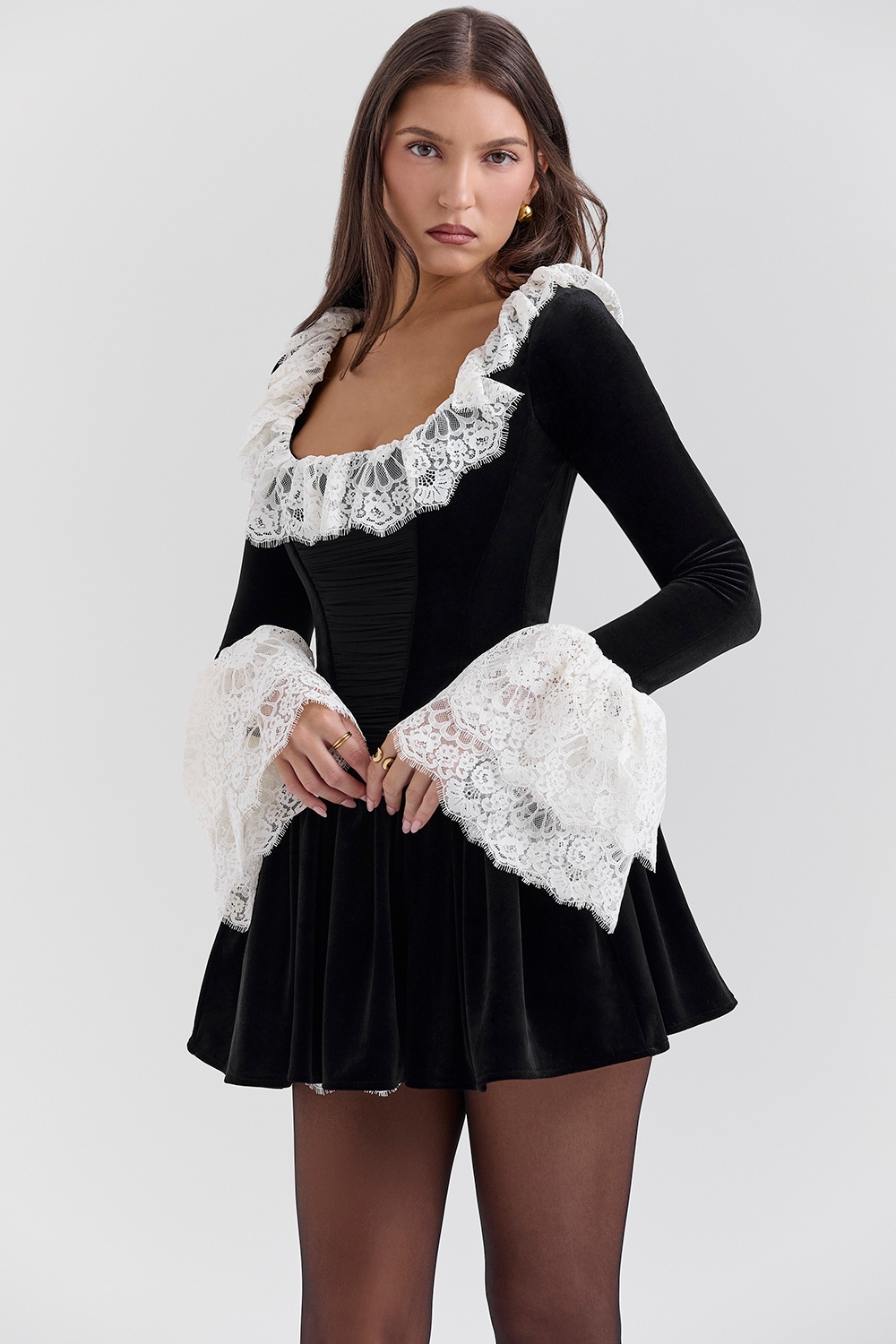 Czarina-Black Velvet Lace Trimmed Mini Dress - SALE