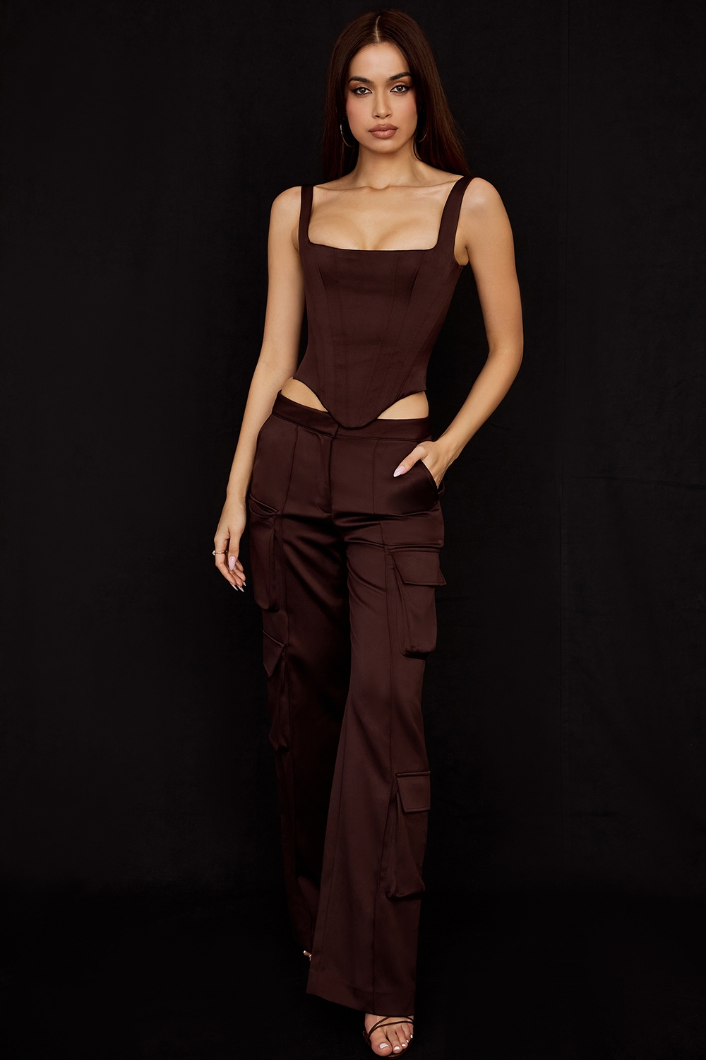Daria-Chocolate Satin Cargo Trousers