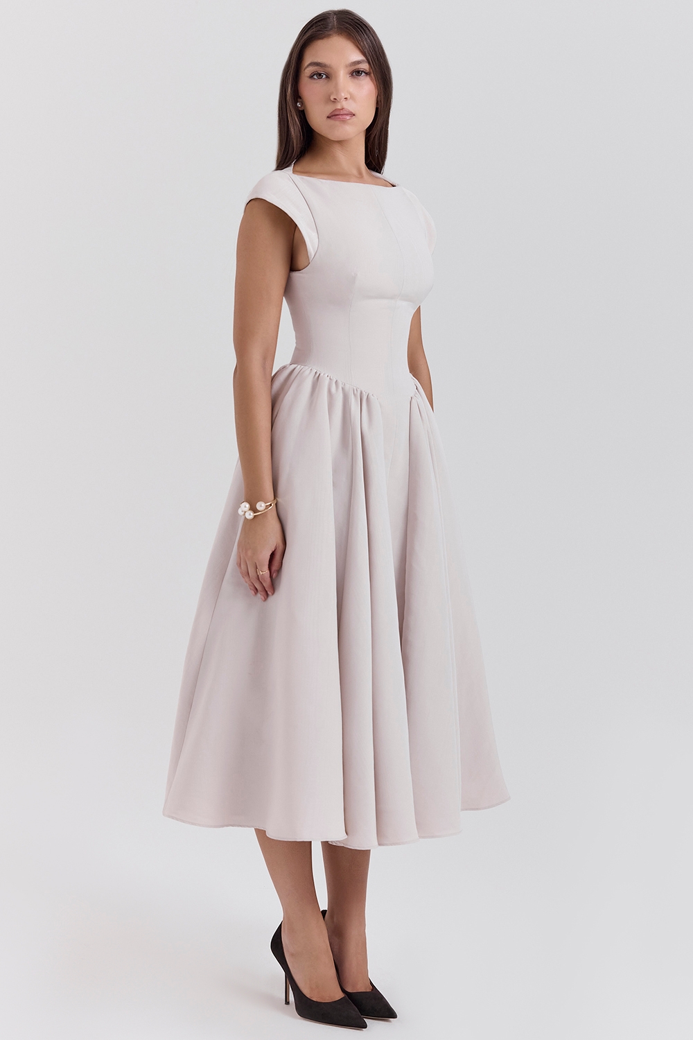 Debutante-French Dove Moire Satin Backless Midi Dress