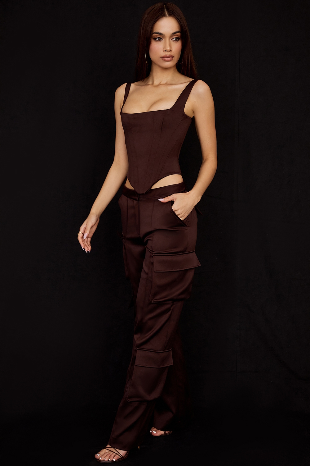 Daria-Chocolate Satin Cargo Trousers