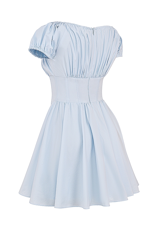 Nala-Soft Blue Cotton Gathered Mini Dress