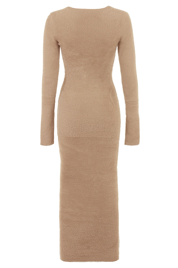 Lucille-Camel Fuzzy Maxi Dress - SALE
