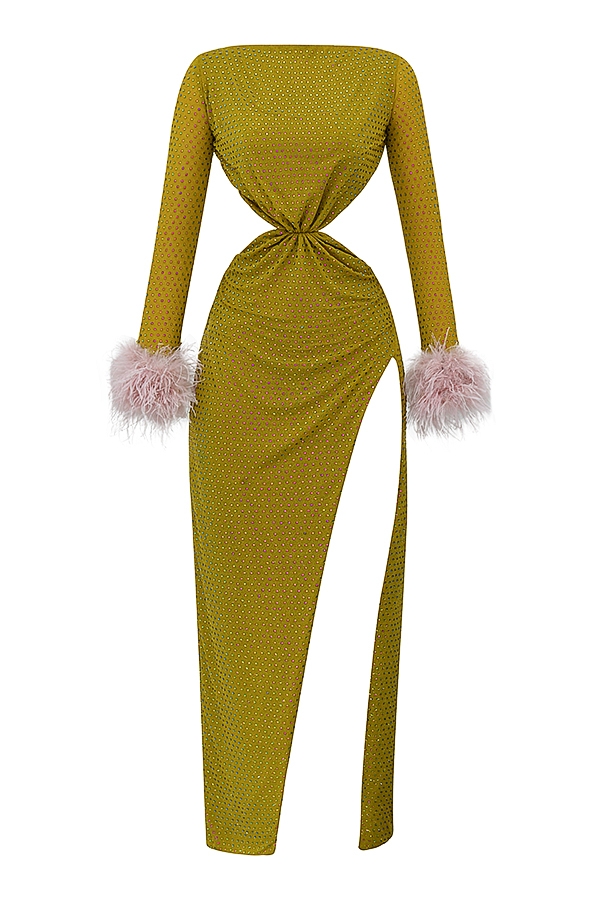Gina-Chartreuse Crystallised Maxi Dress