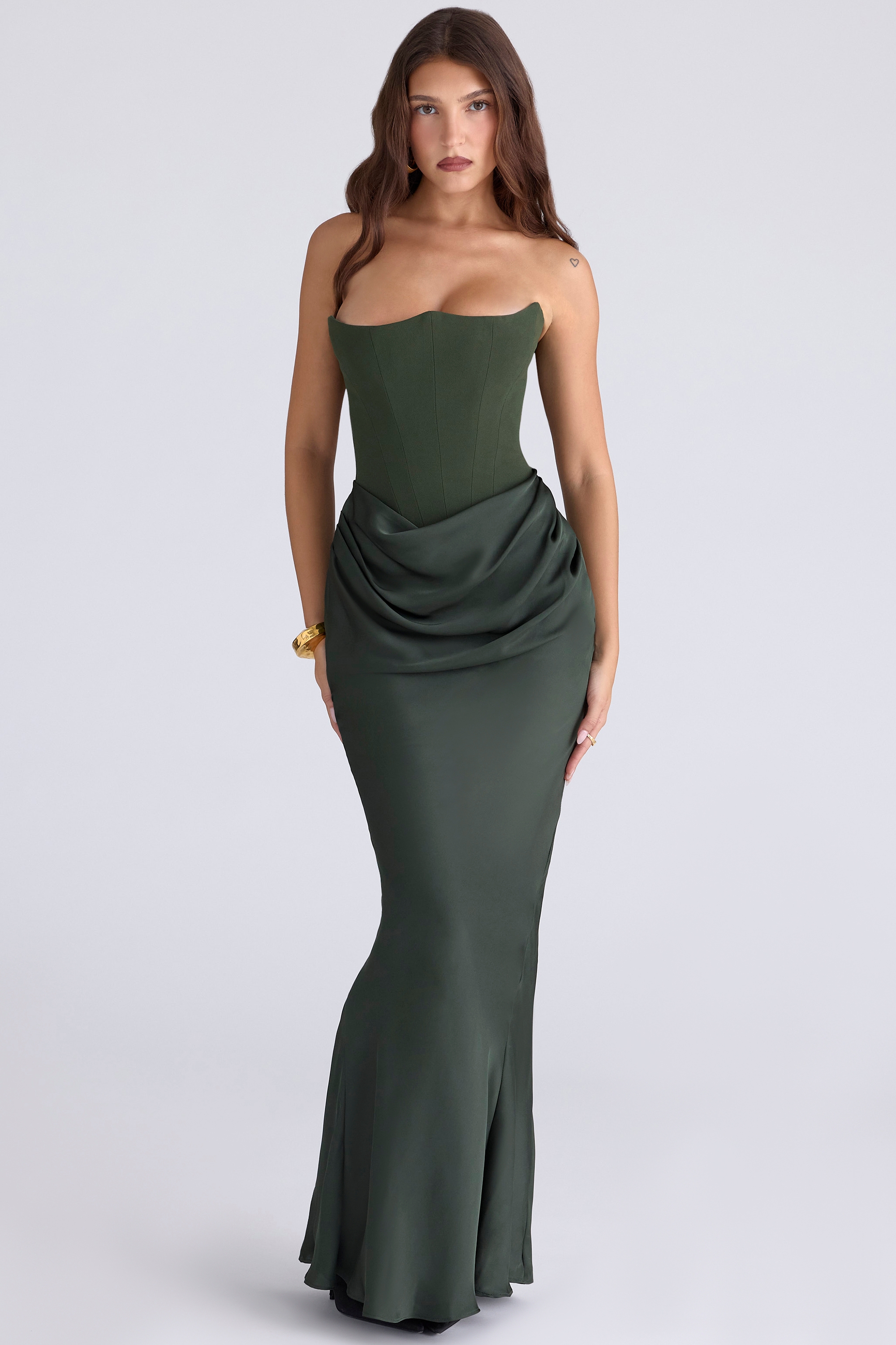 Persephone-Emerald Green Crepe Strapless Corset Maxi Dress