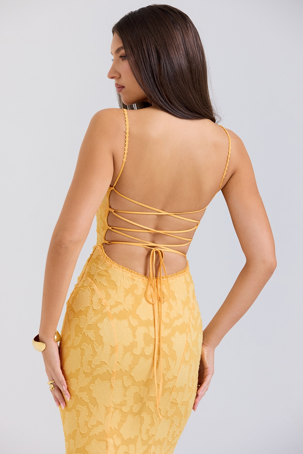 Joan-Apricot Lace Up Back Maxi Dress
