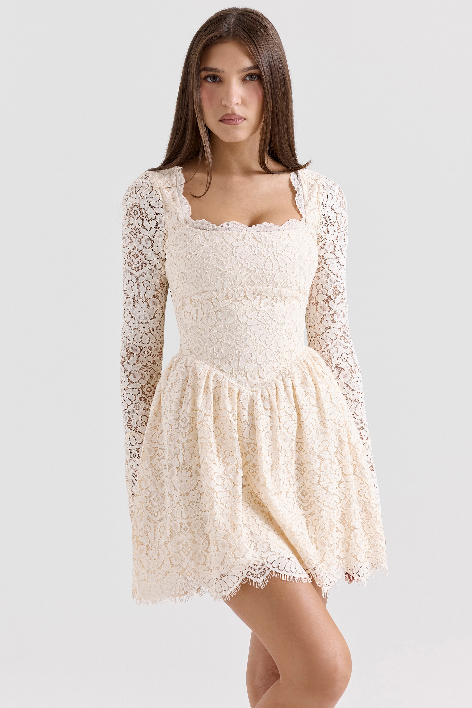 Fae-Cream Lace Long Sleeve Mini Dress