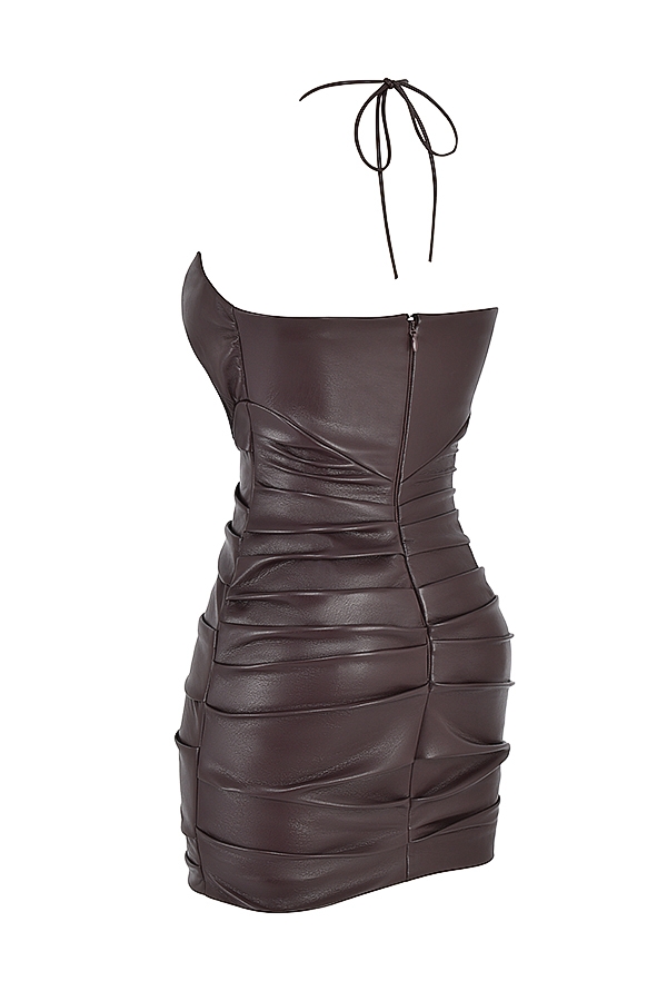 Olivia-Bitter Chocolate Vegan Leather Mini Dress