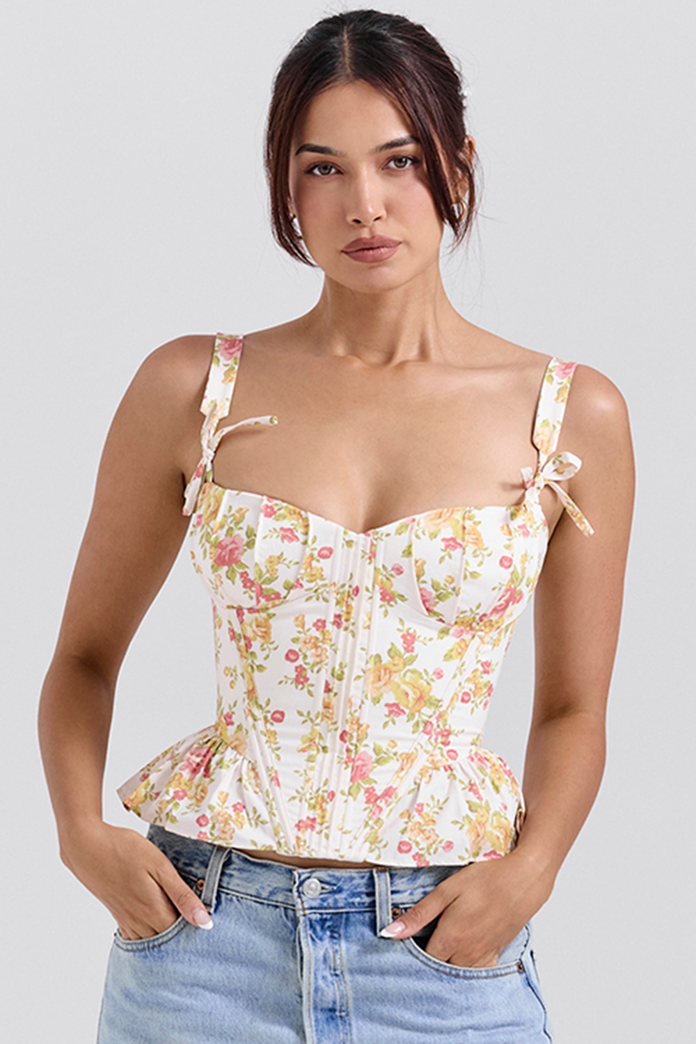Gigou-Royal Rose Print Peplum Cotton Corset