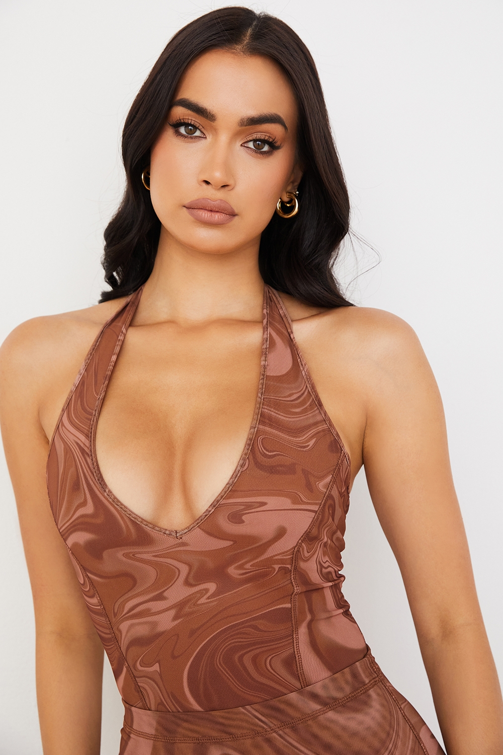 Sabine-Cocoa Swirl Print Halter Bodysuit