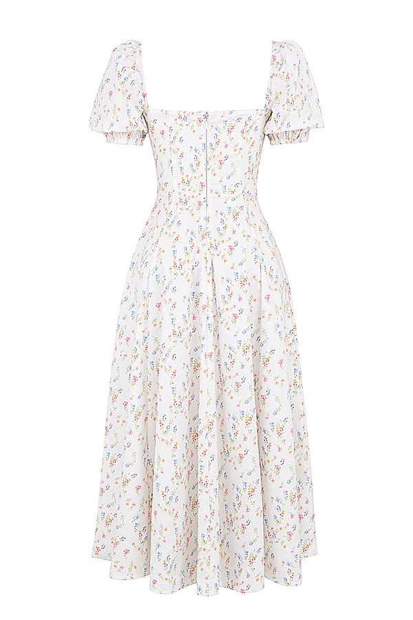 Tallulah-White Posy Print Cotton Puff Sleeve Midi Sundress